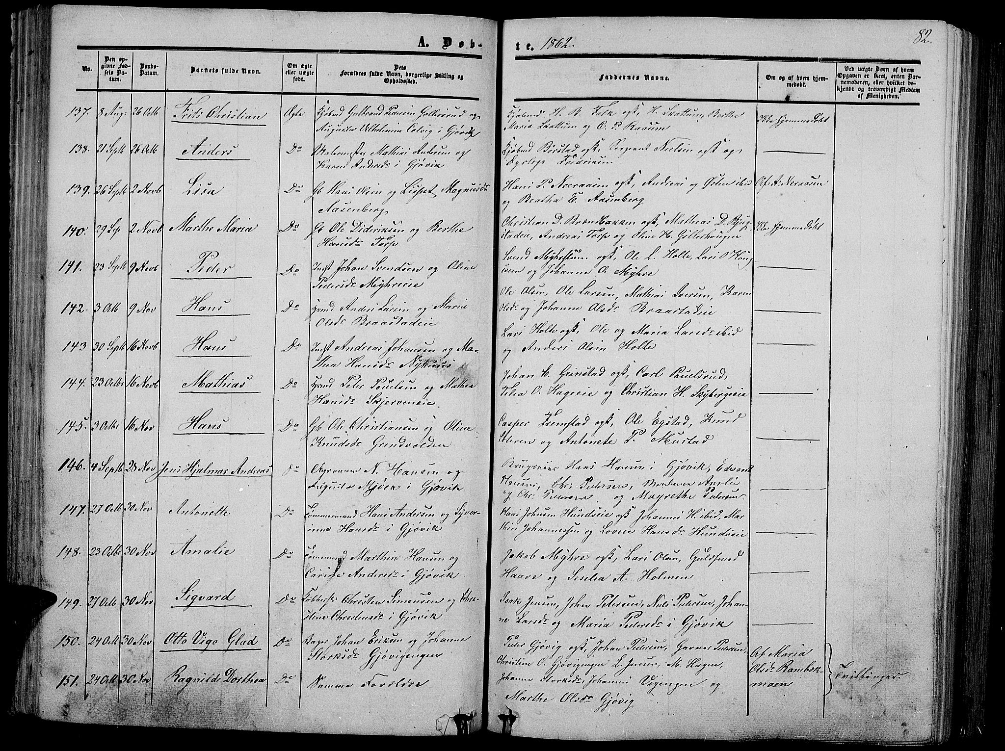 Vardal prestekontor, AV/SAH-PREST-100/H/Ha/Hab/L0005: Parish register (copy) no. 5, 1854-1868, p. 82