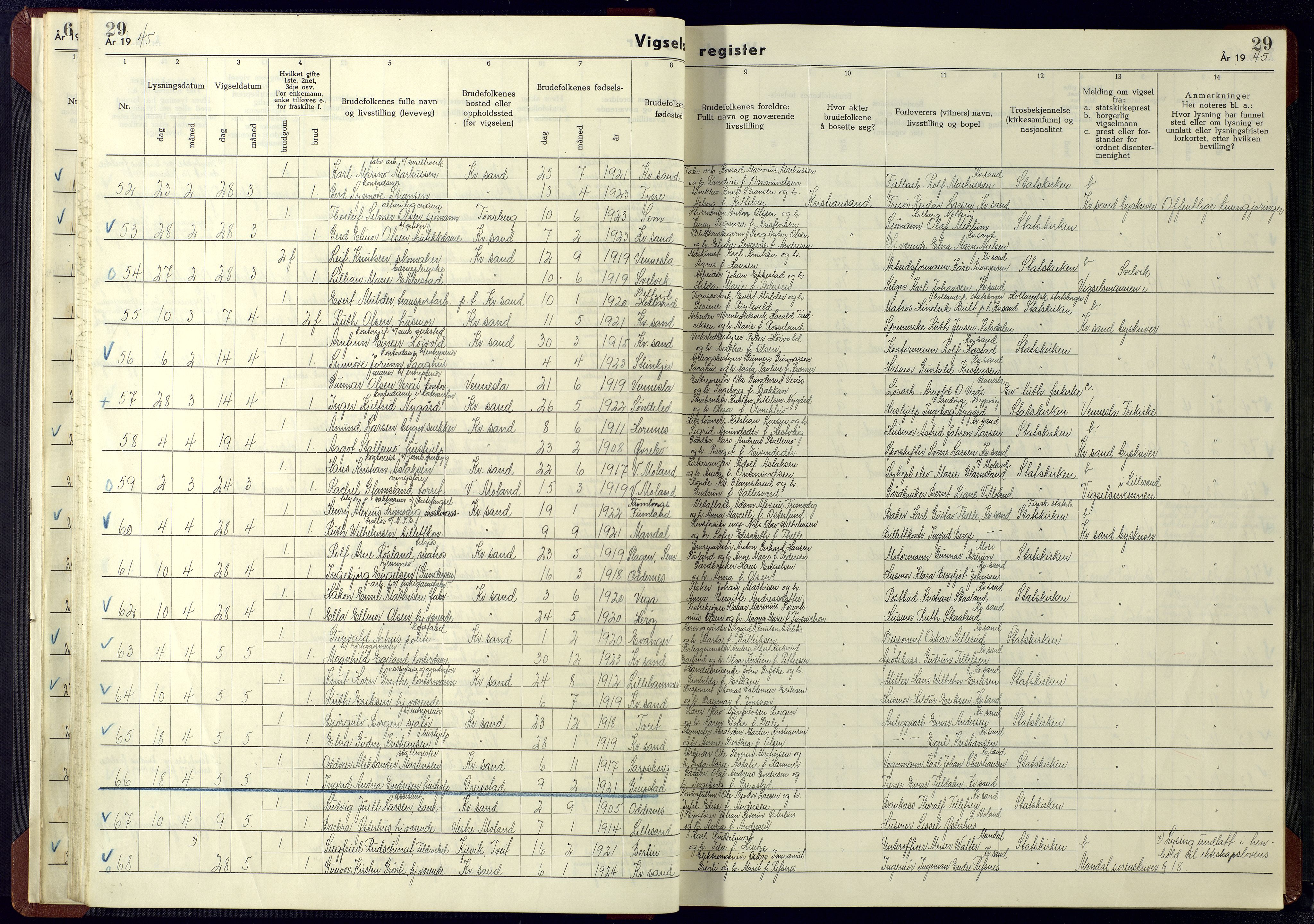 Kristiansand domprosti, AV/SAK-1112-0006/J/Ja/L0003: Marriage register no. A-VI-15, 1942-1945, p. 29