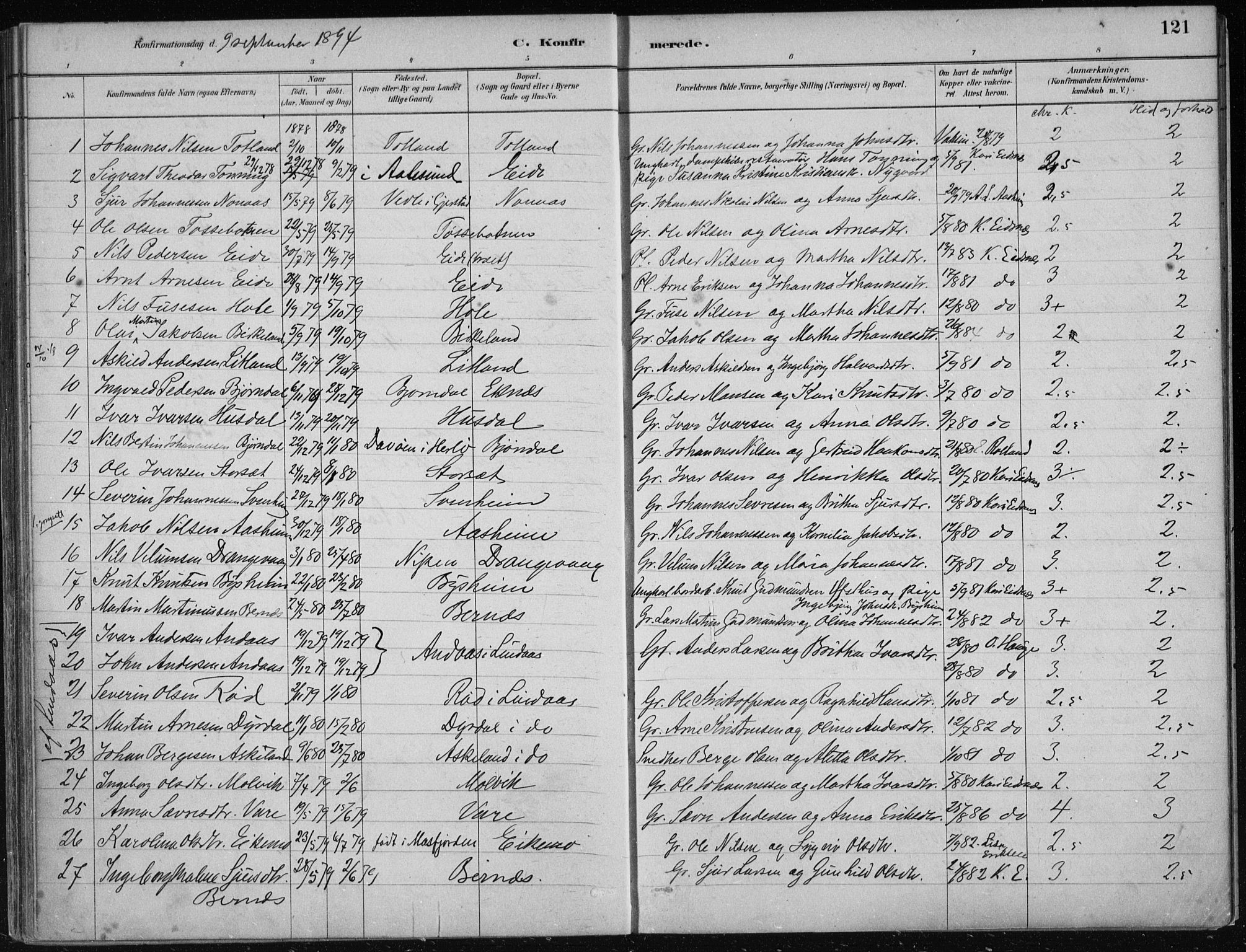 Hosanger sokneprestembete, AV/SAB-A-75801/H/Haa: Parish register (official) no. B  1, 1880-1896, p. 121