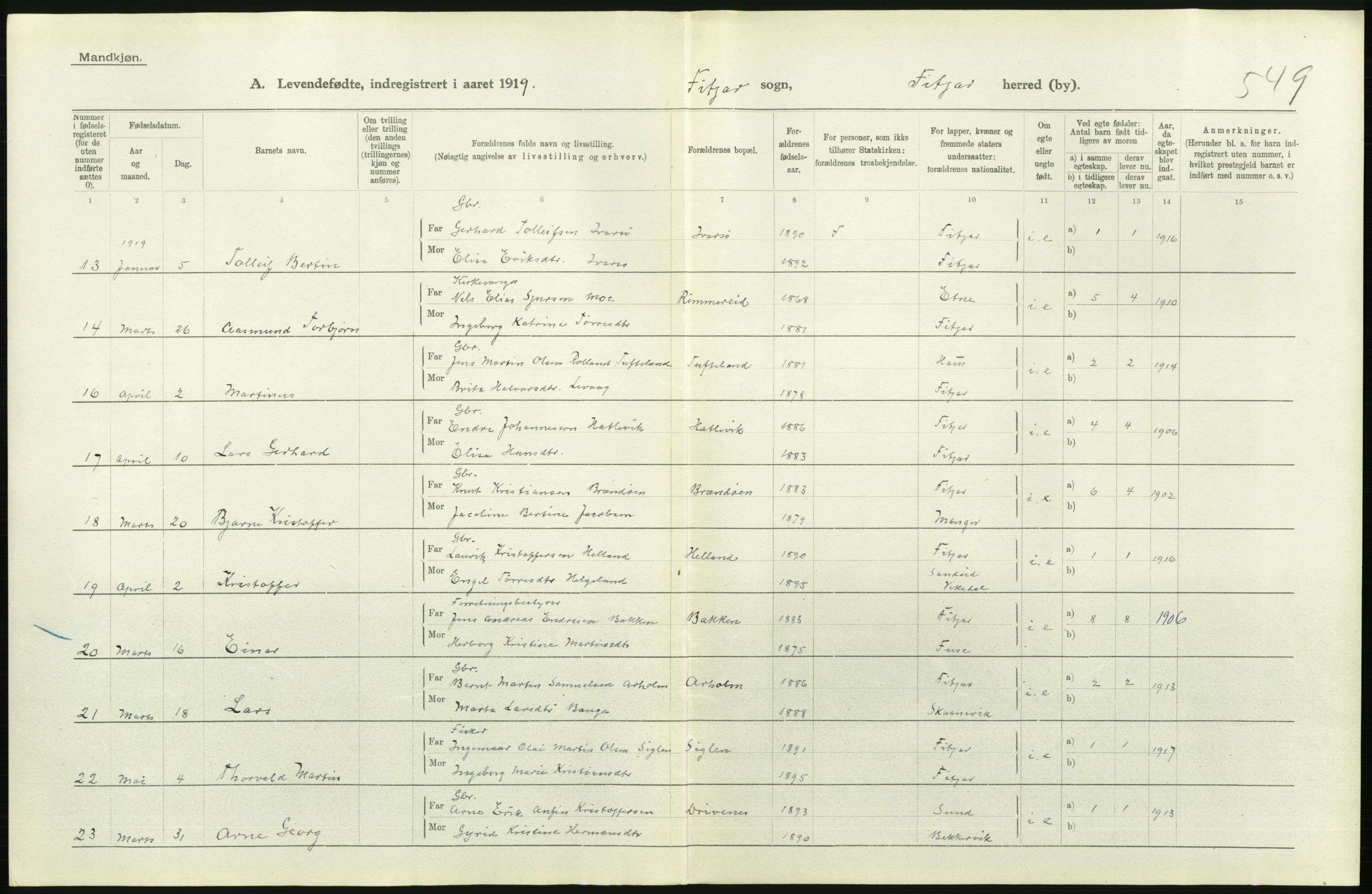 Statistisk sentralbyrå, Sosiodemografiske emner, Befolkning, RA/S-2228/D/Df/Dfb/Dfbi/L0031: Hordaland fylke: Levendefødte menn og kvinner. Bygder., 1919, p. 676