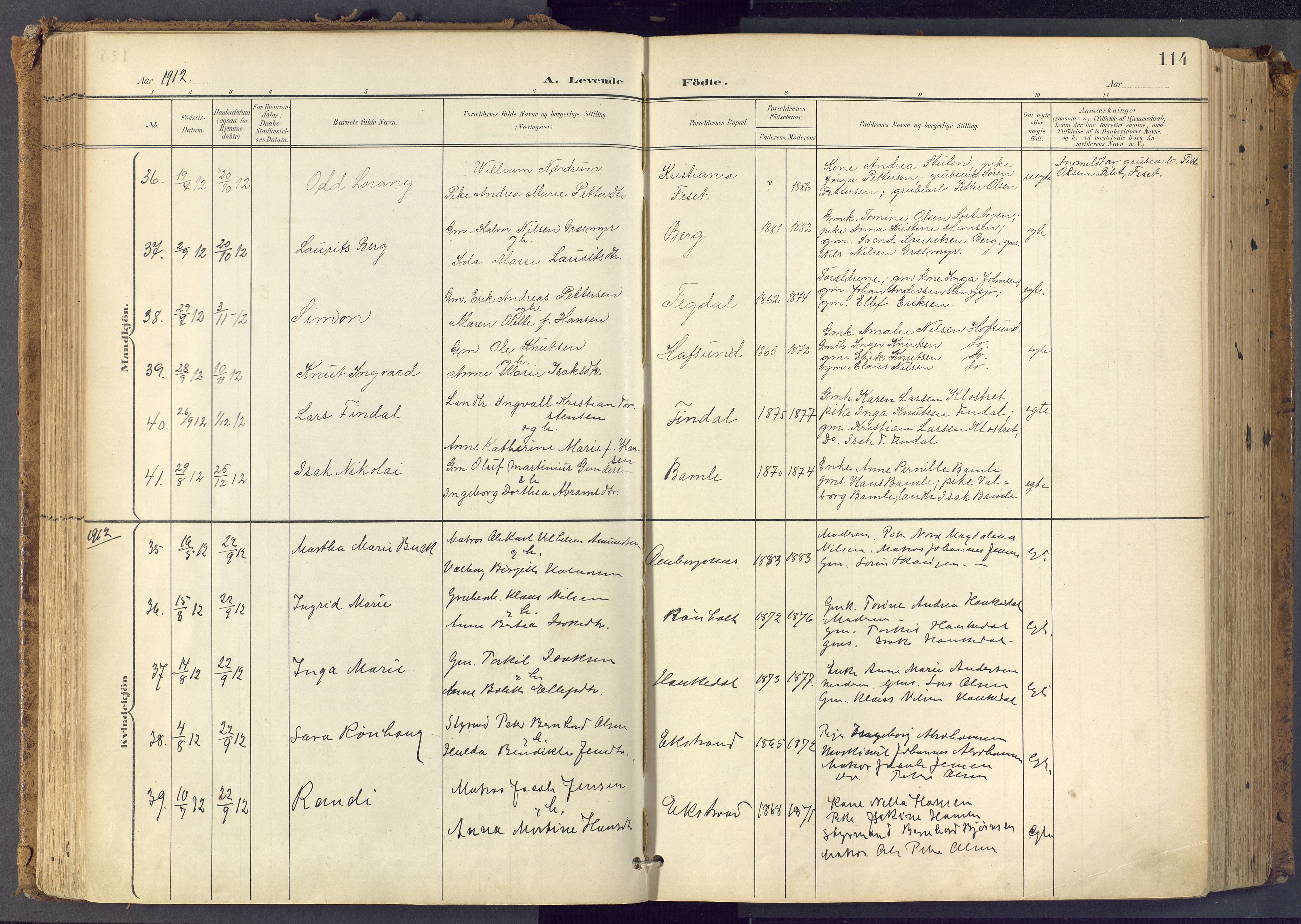 Bamble kirkebøker, SAKO/A-253/F/Fa/L0009: Parish register (official) no. I 9, 1901-1917, p. 114