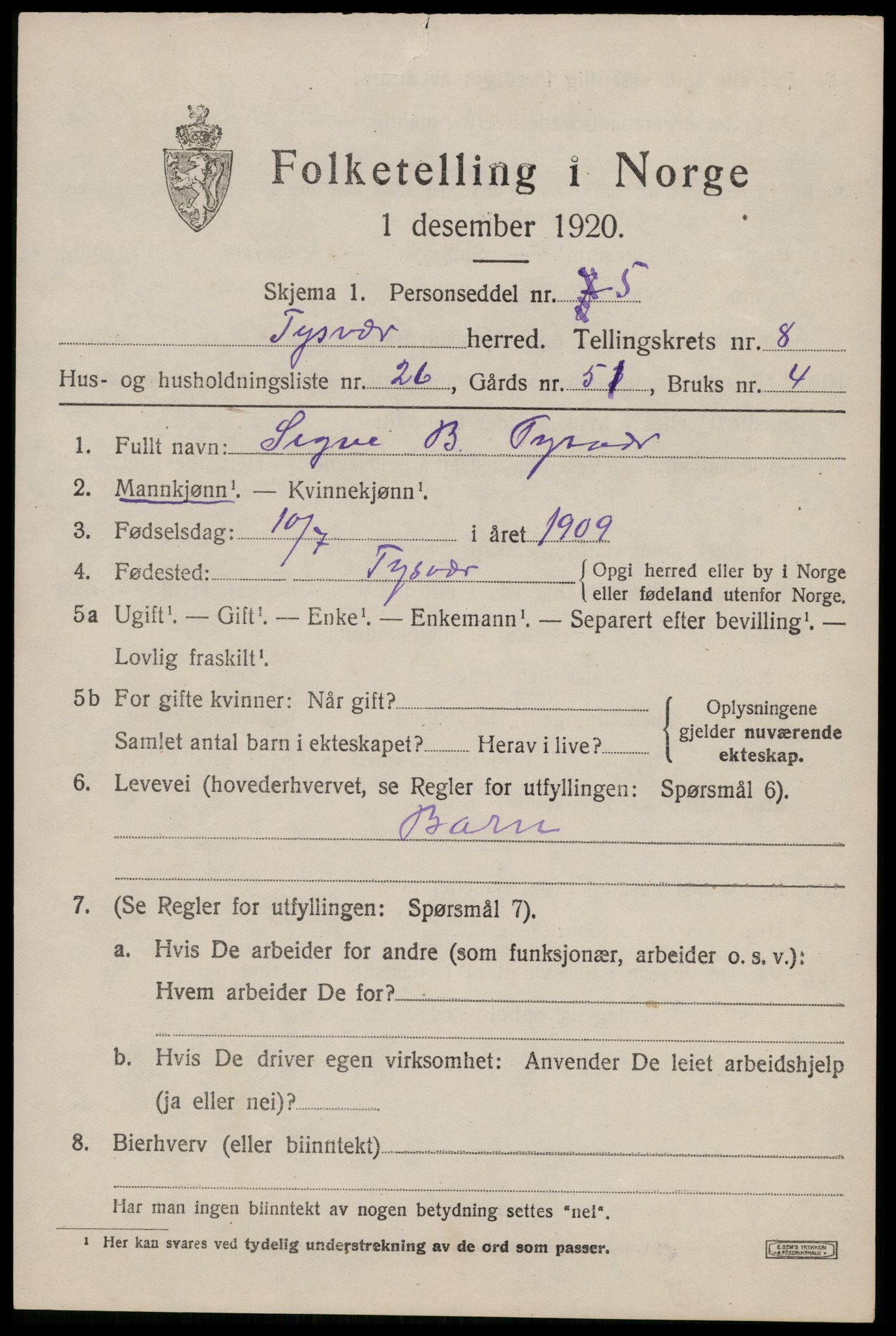 SAST, 1920 census for Tysvær, 1920, p. 3366