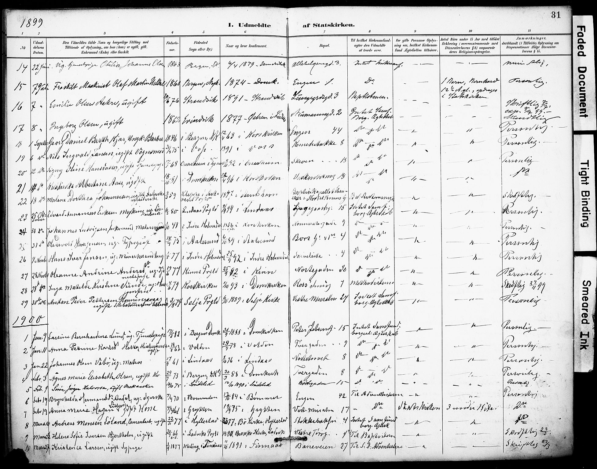 Domkirken sokneprestembete, SAB/A-74801/H/Haa: Parish register (official) no. I 1, 1887-1908, p. 31