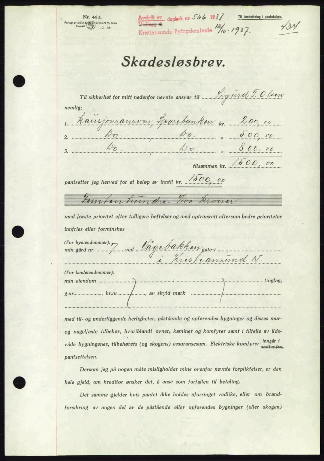 Kristiansund byfogd, AV/SAT-A-4587/A/27: Mortgage book no. 29, 1936-1937, Diary no: : 566/1937