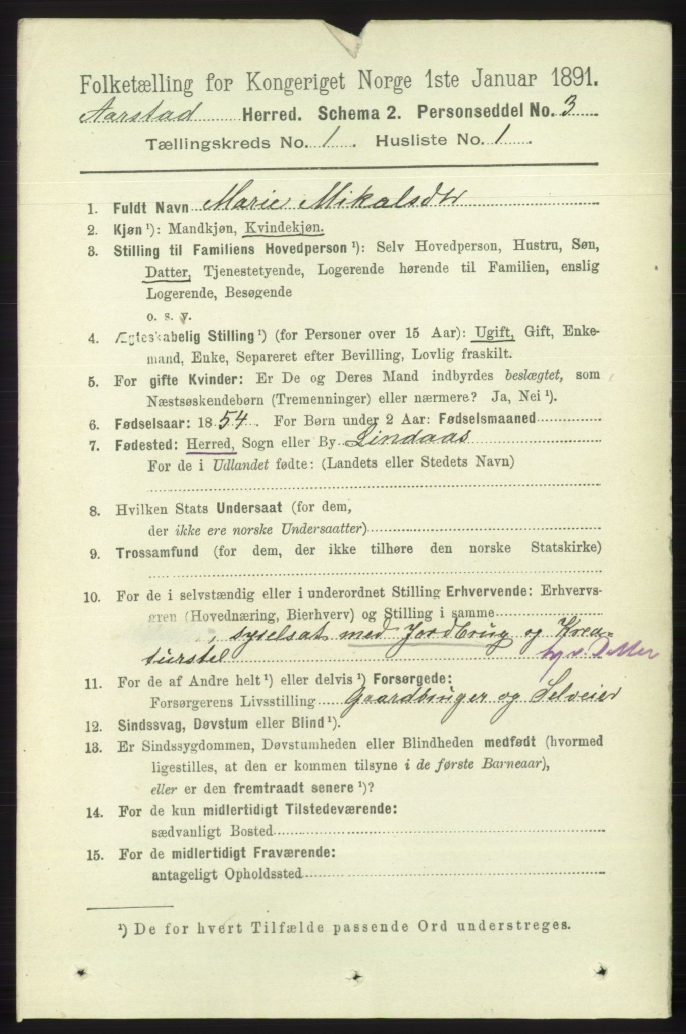 SAB, 1891 Census for 1280 Årstad, 1891, p. 106