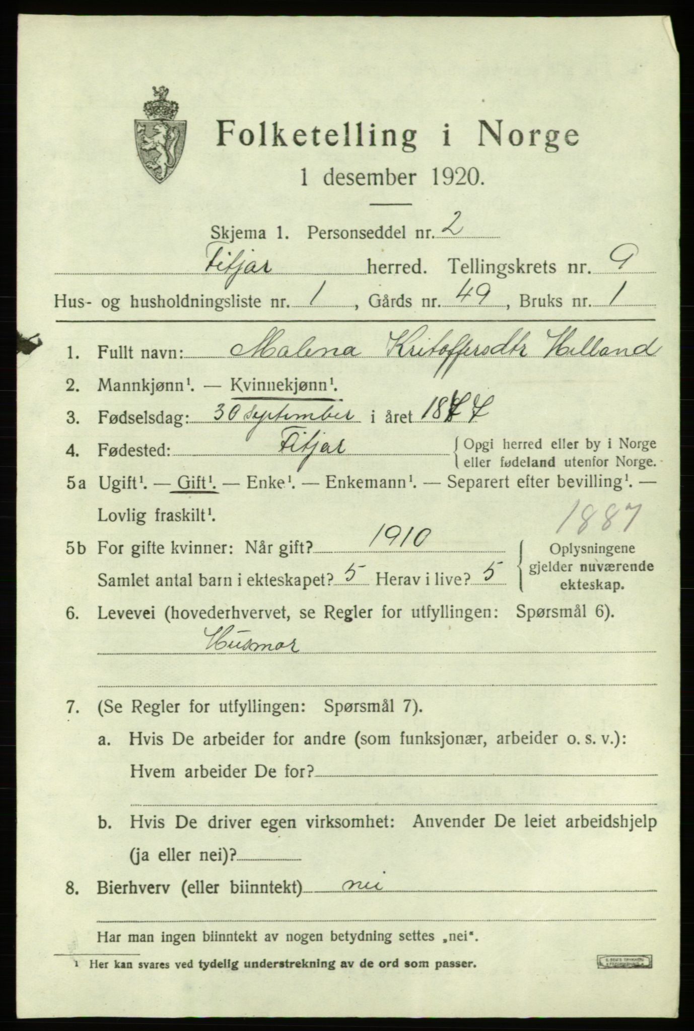 SAB, 1920 census for Fitjar, 1920, p. 3734