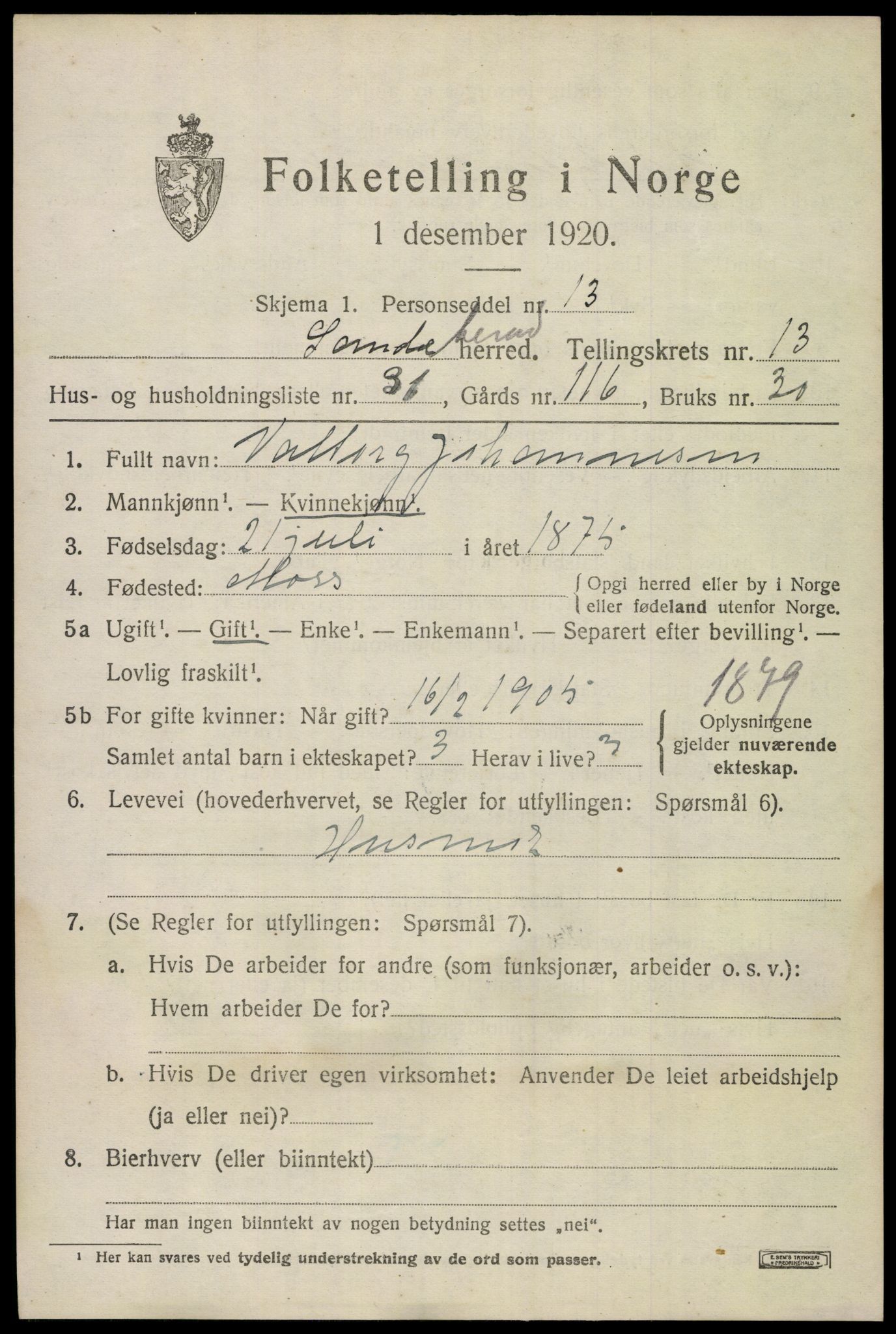 SAKO, 1920 census for Sandeherred, 1920, p. 19648