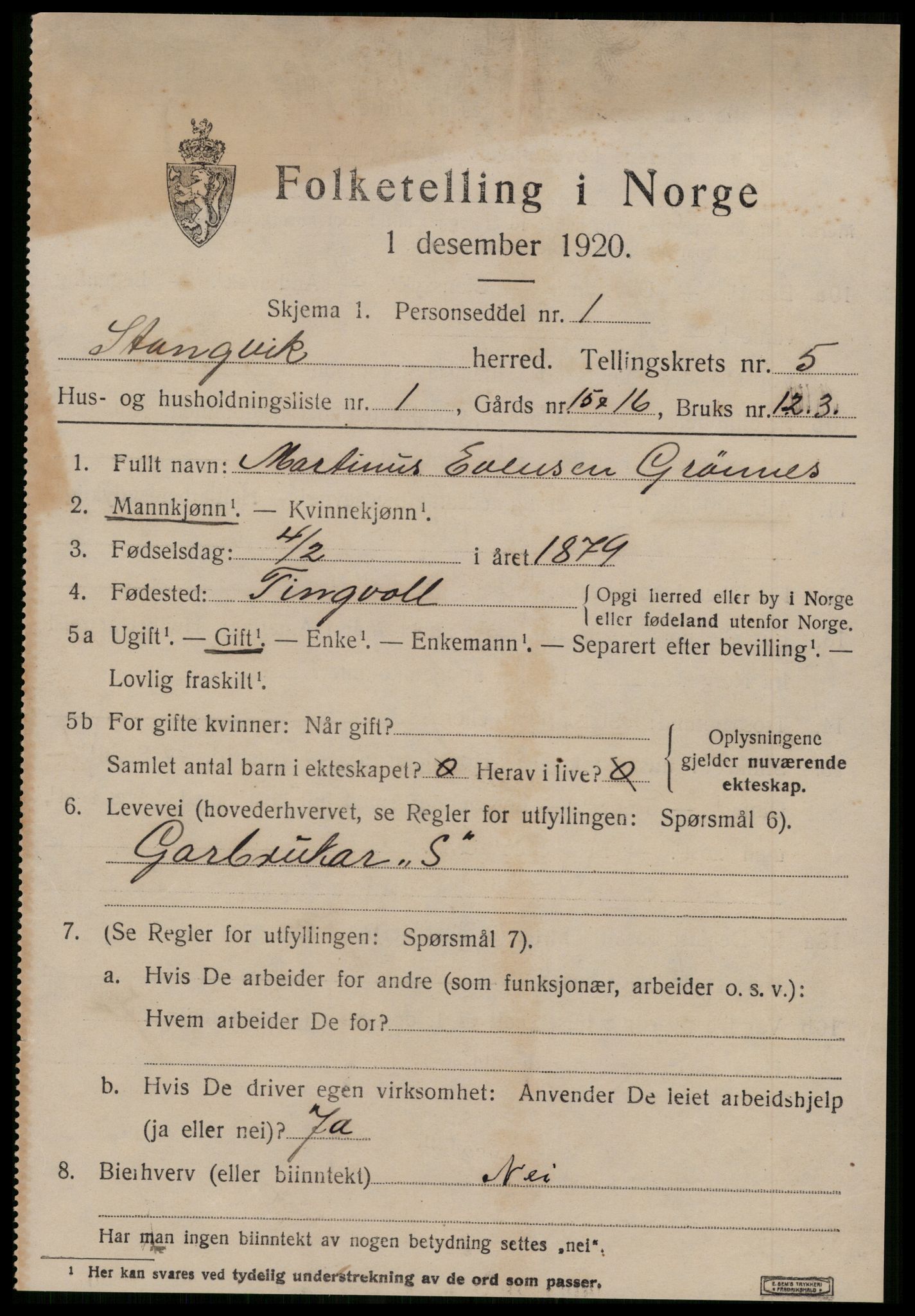 SAT, 1920 census for Stangvik, 1920, p. 3288