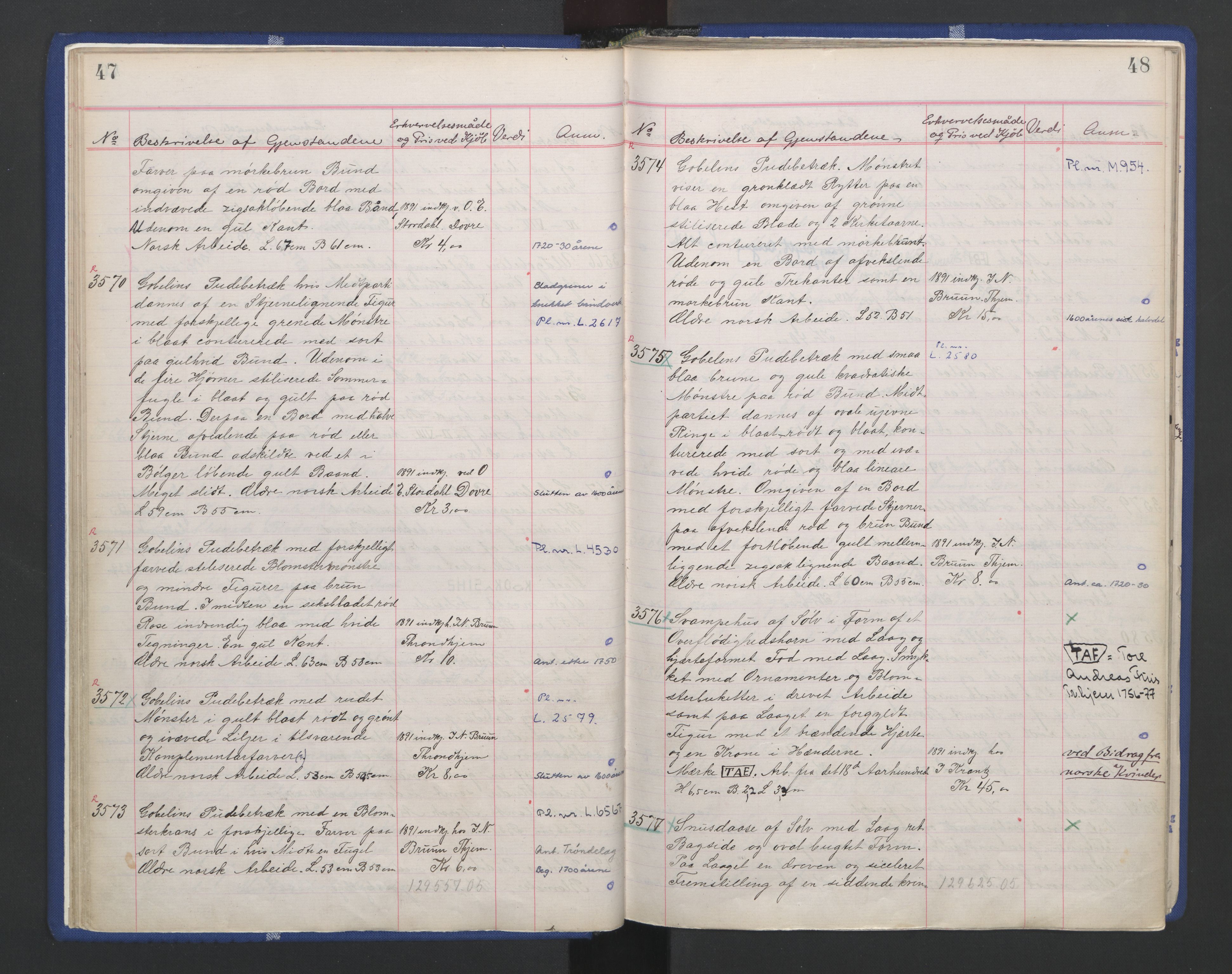 Kunstindustrimuseet i Oslo, NMFK/KIM-1001/A/Ae/L0003: Protokoll 3391-4609. Kunstindustrimuseets samlinger, 1889-1894, p. 28