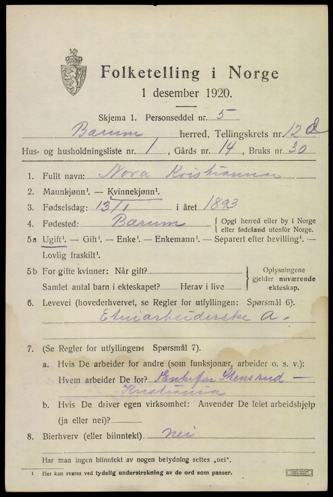 SAO, 1920 census for Bærum, 1920, p. 30390