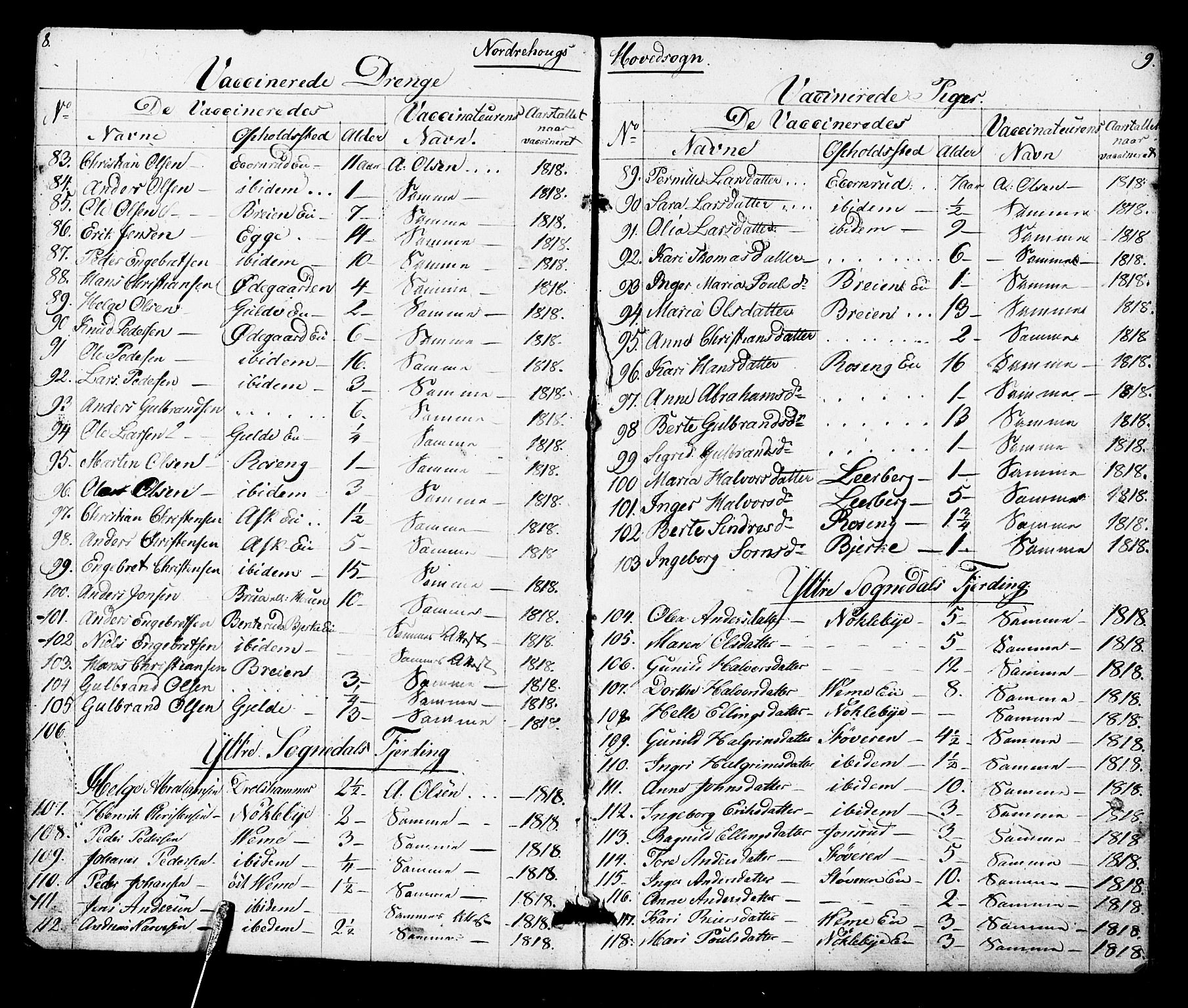 Norderhov kirkebøker, AV/SAKO-A-237/F/Fa/L0014: Vaccination register no. 14, 1818-1853, p. 8-9