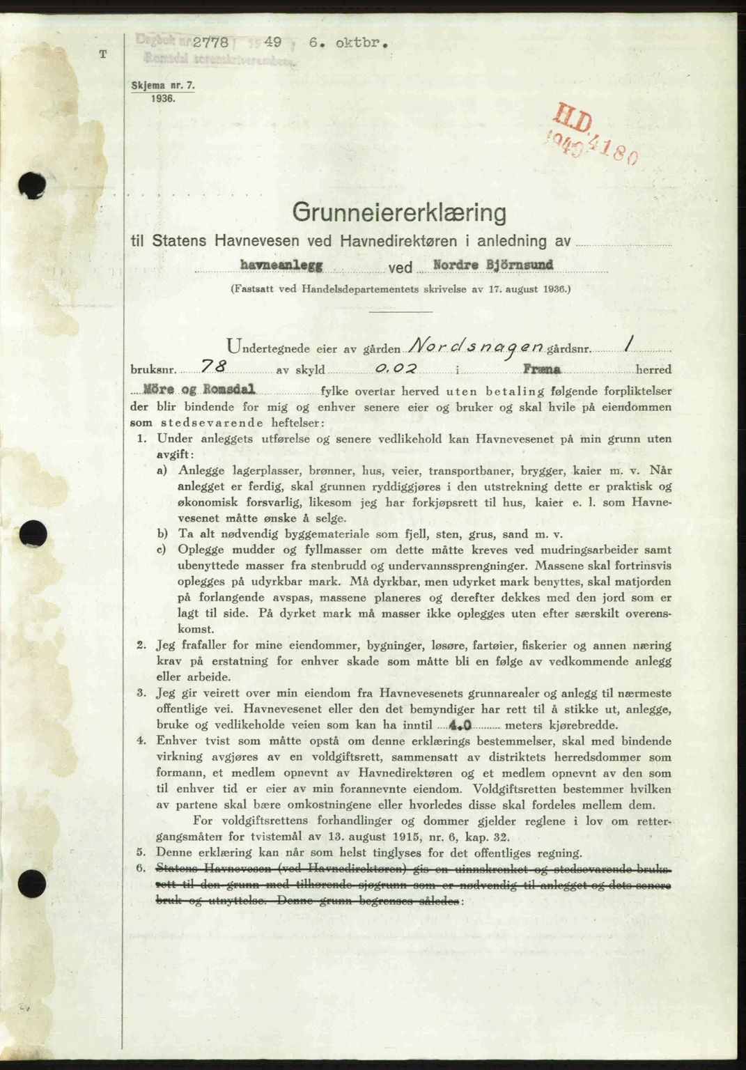 Romsdal sorenskriveri, AV/SAT-A-4149/1/2/2C: Mortgage book no. A31, 1949-1949, Diary no: : 2778/1949