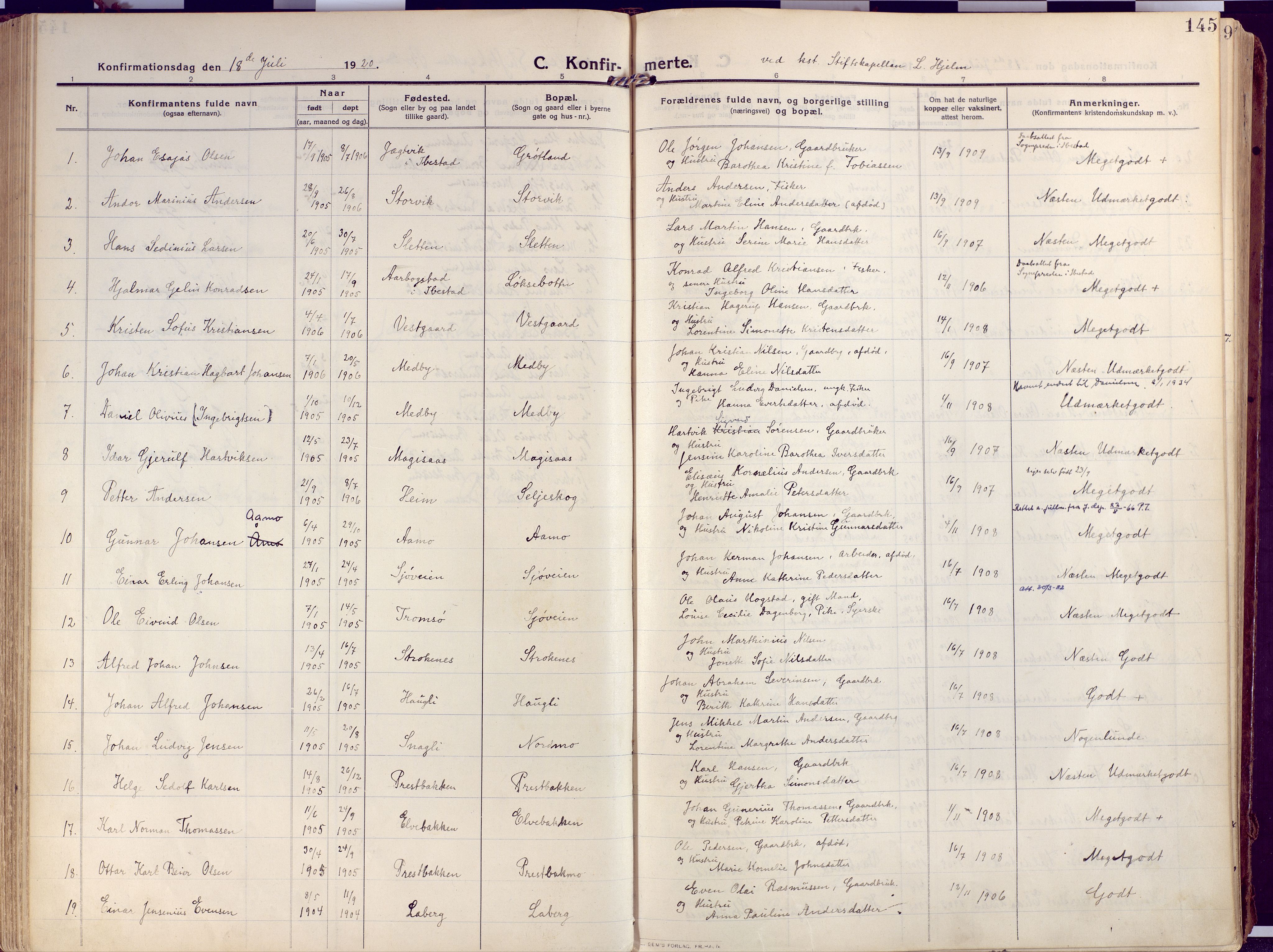 Salangen sokneprestembete, AV/SATØ-S-1324/H/Ha/L0004kirke: Parish register (official) no. 4, 1912-1927, p. 145
