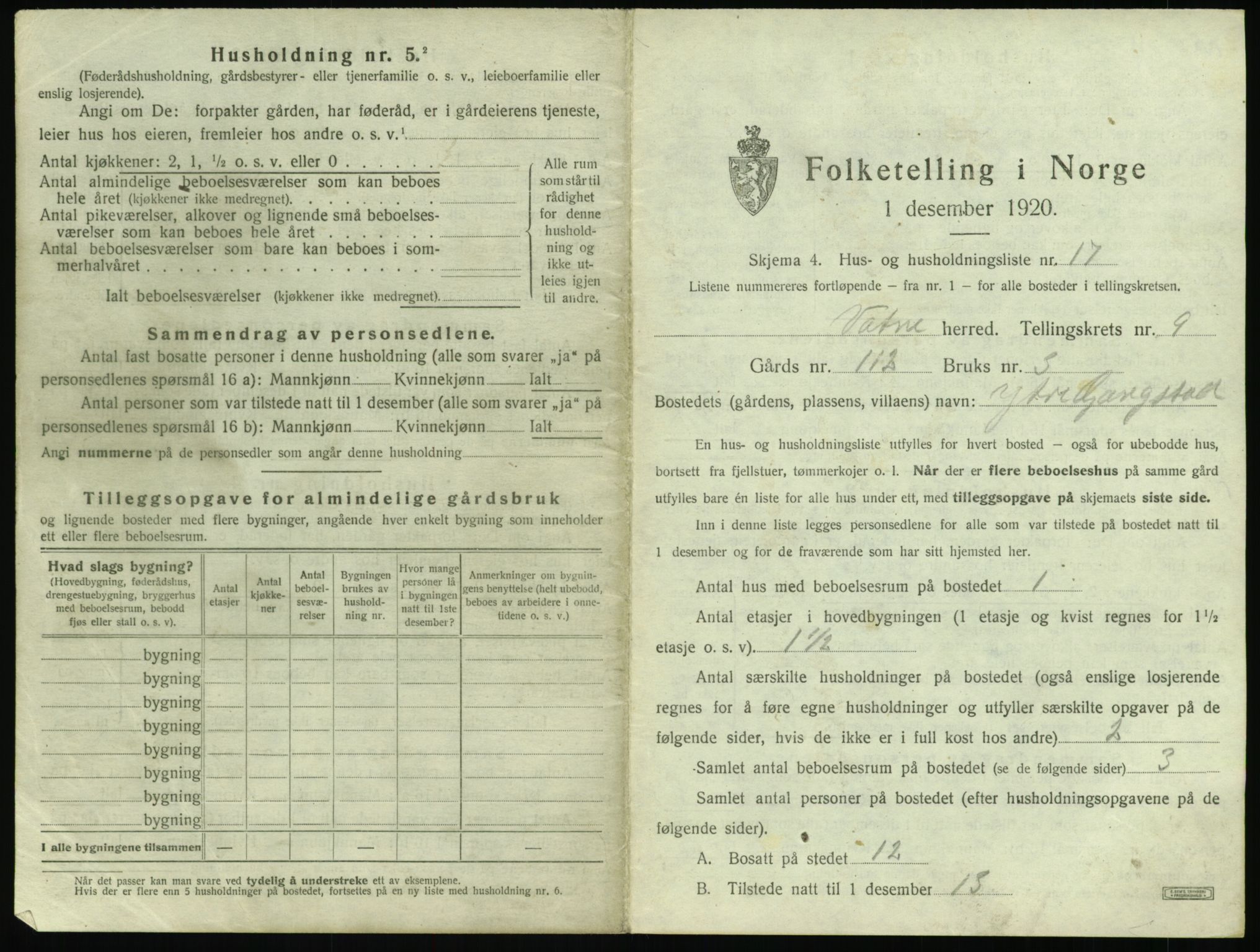 SAT, 1920 census for Vatne, 1920, p. 536