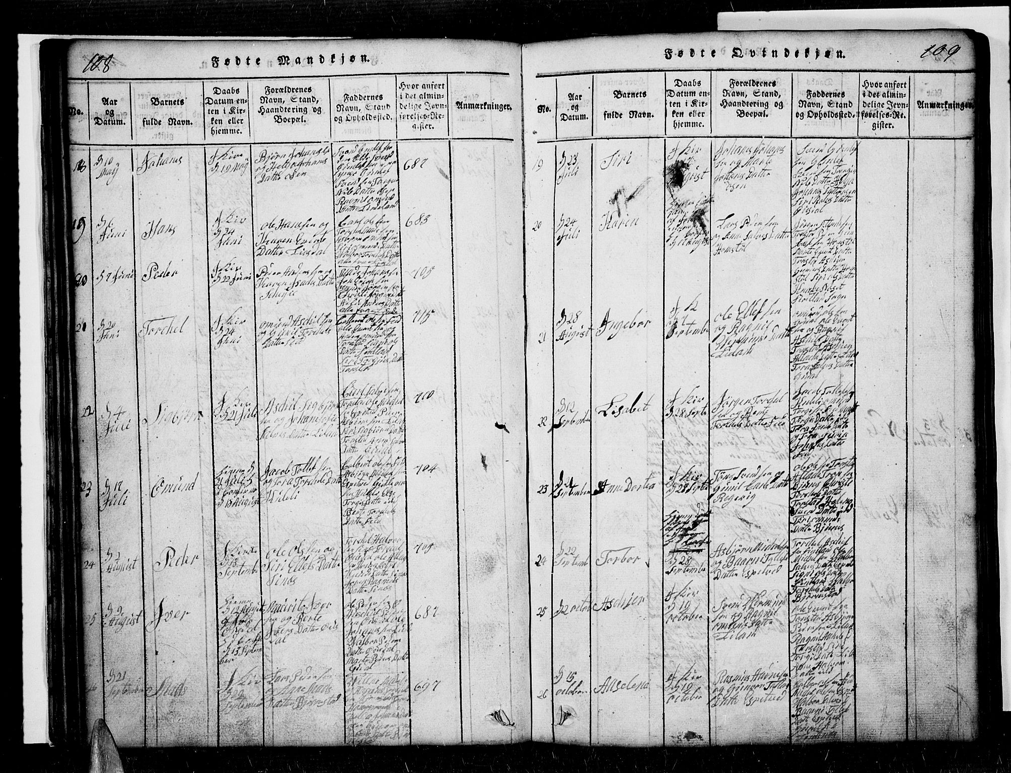 Sirdal sokneprestkontor, SAK/1111-0036/F/Fb/Fbb/L0001: Parish register (copy) no. B 1, 1815-1834, p. 108-109