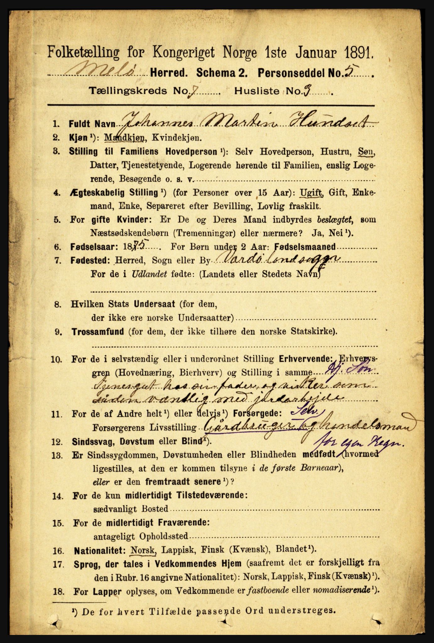 RA, 1891 census for 1837 Meløy, 1891, p. 2878