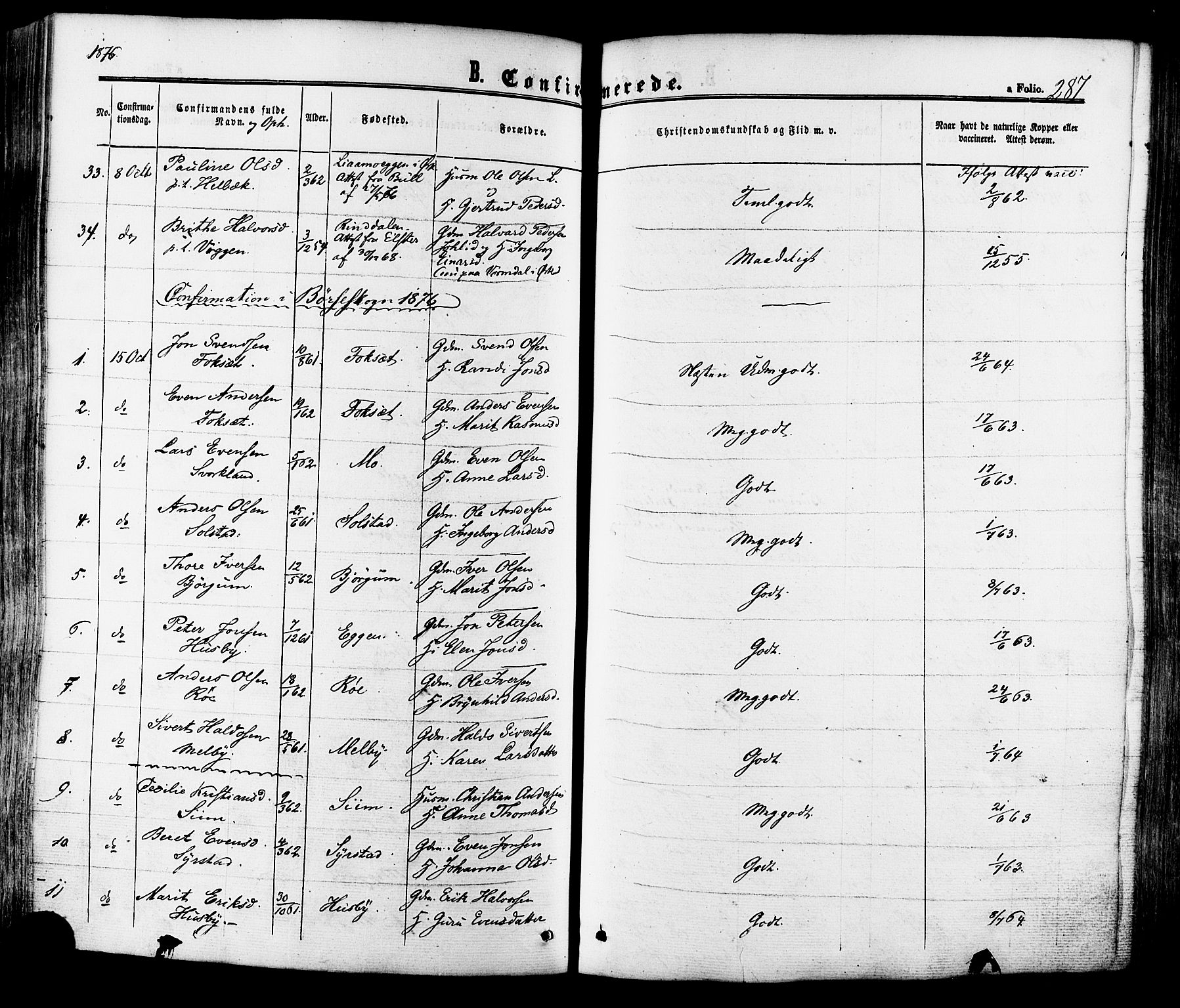 Ministerialprotokoller, klokkerbøker og fødselsregistre - Sør-Trøndelag, SAT/A-1456/665/L0772: Parish register (official) no. 665A07, 1856-1878, p. 287