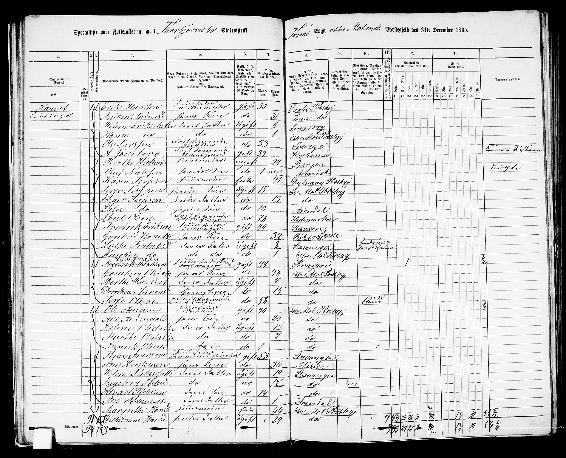 RA, 1865 census for Austre Moland, 1865, p. 42