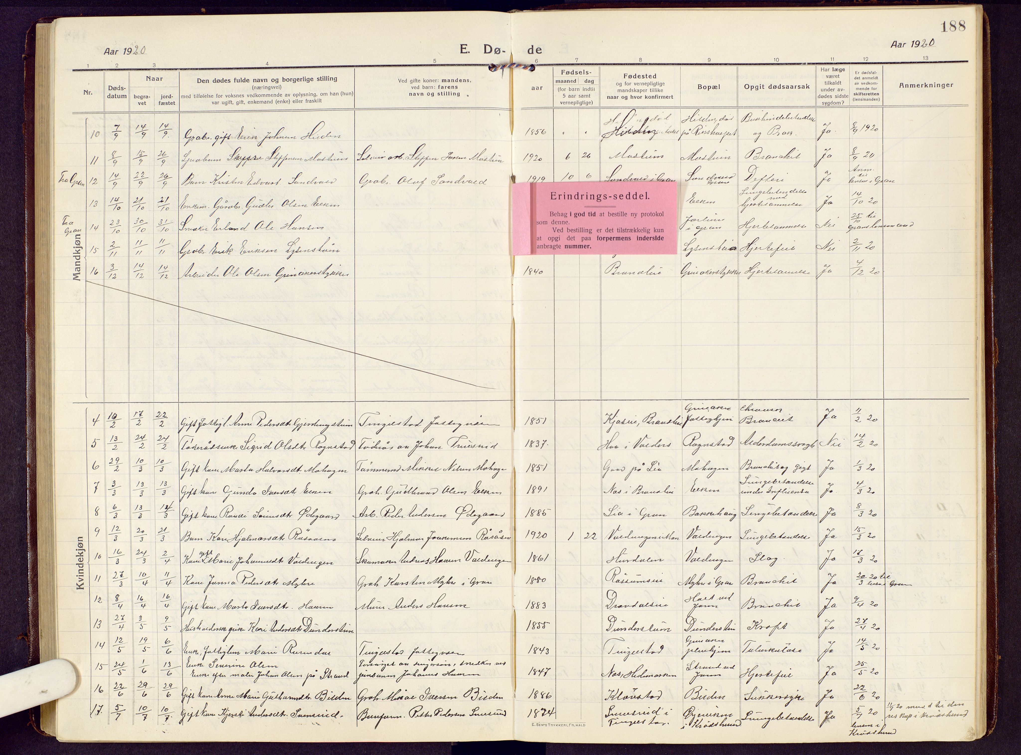 Brandbu prestekontor, SAH/PREST-114/H/Ha/Hab/L0010: Parish register (copy) no. 10, 1916-1930, p. 188