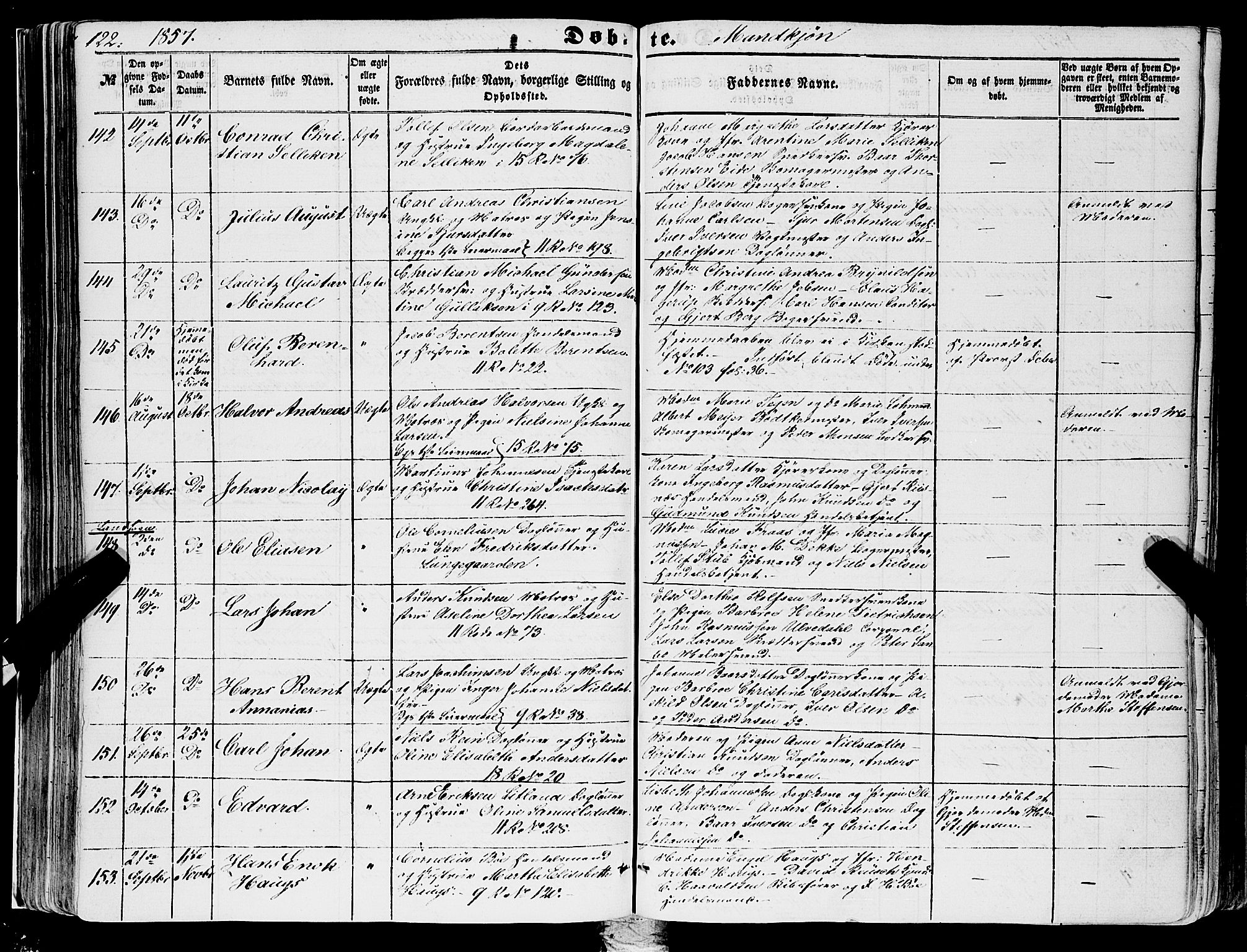 Domkirken sokneprestembete, SAB/A-74801/H/Haa/L0020: Parish register (official) no. B 3, 1851-1859, p. 122