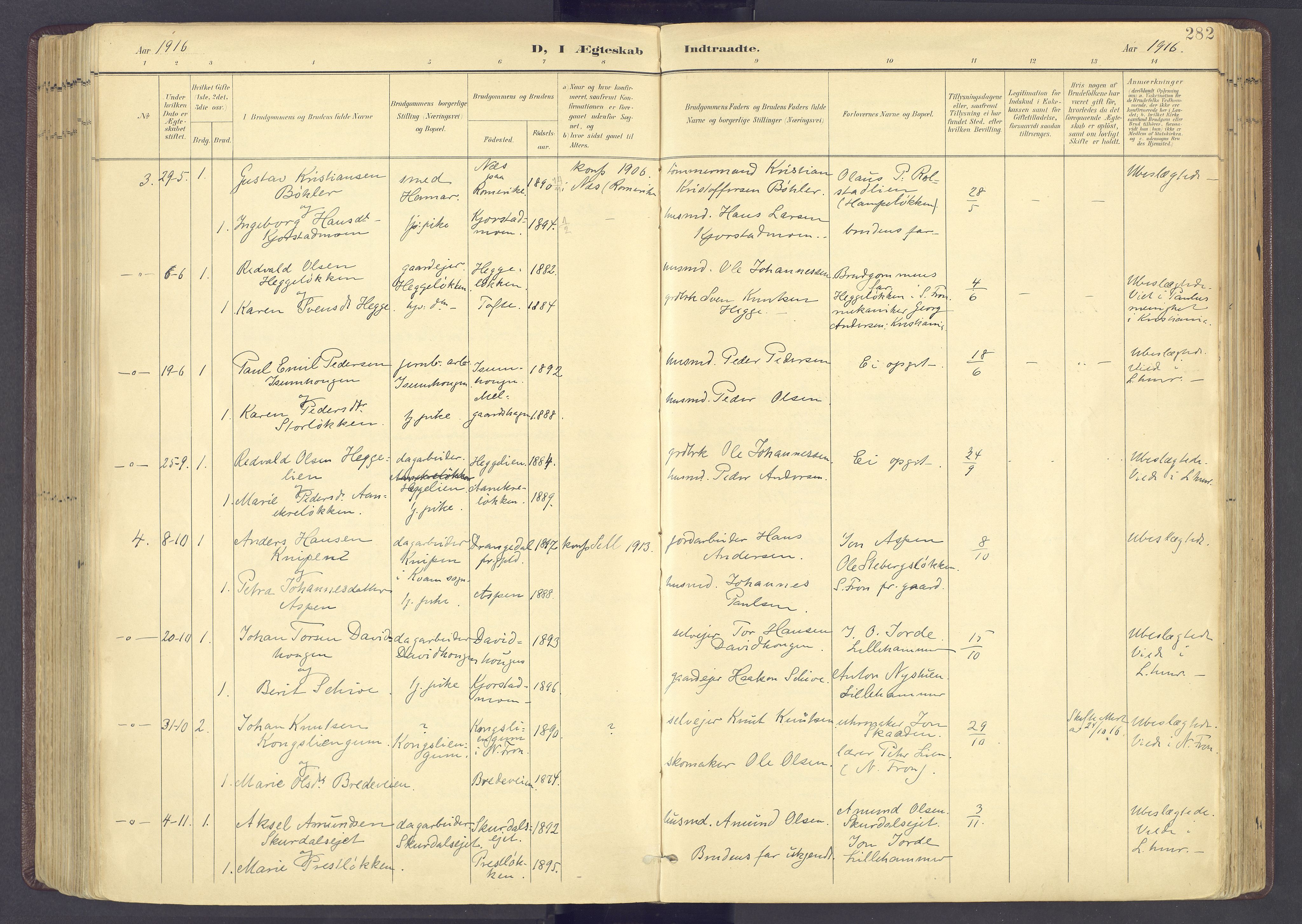Sør-Fron prestekontor, AV/SAH-PREST-010/H/Ha/Haa/L0004: Parish register (official) no. 4, 1898-1919, p. 282