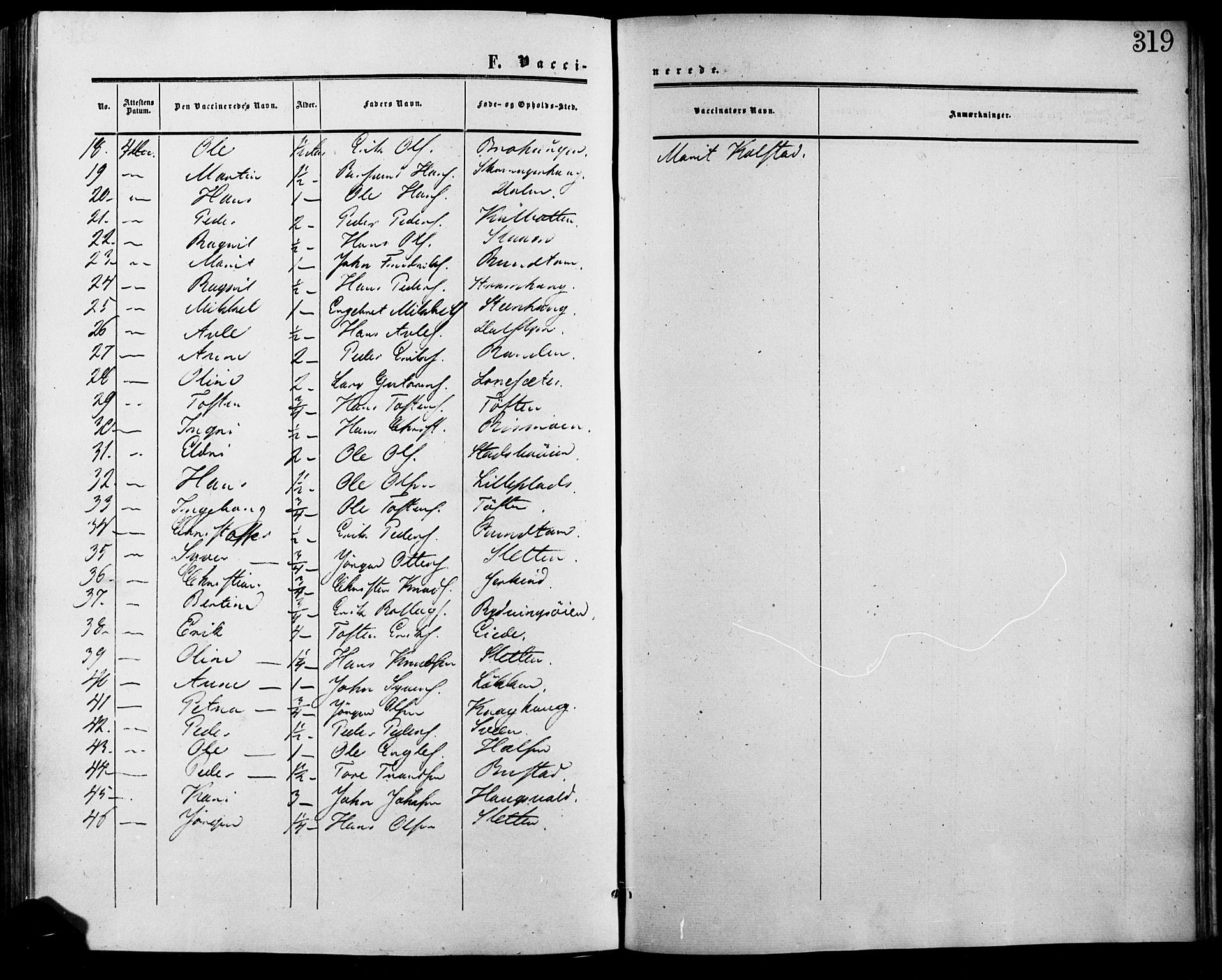 Lesja prestekontor, SAH/PREST-068/H/Ha/Haa/L0007: Parish register (official) no. 7, 1854-1862, p. 319