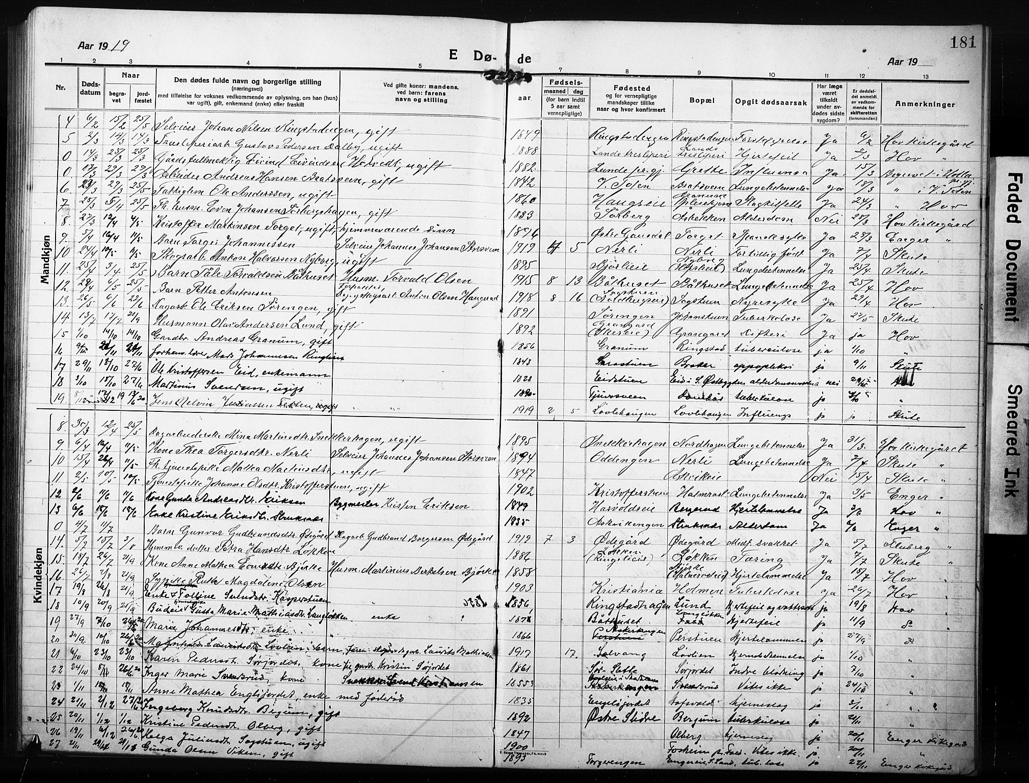 Søndre Land prestekontor, AV/SAH-PREST-122/L/L0007: Parish register (copy) no. 7, 1915-1932, p. 181