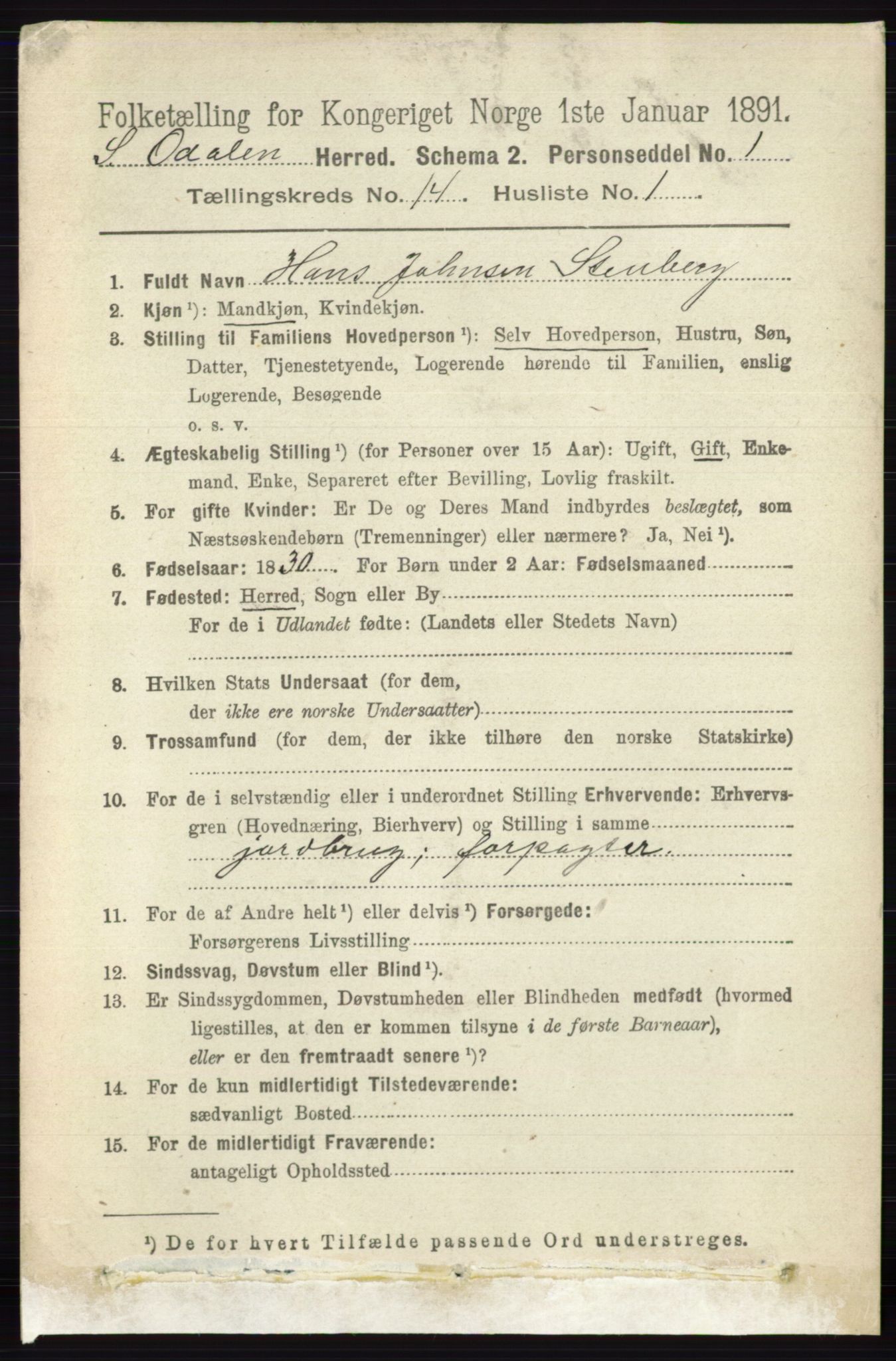 RA, 1891 census for 0419 Sør-Odal, 1891, p. 5985