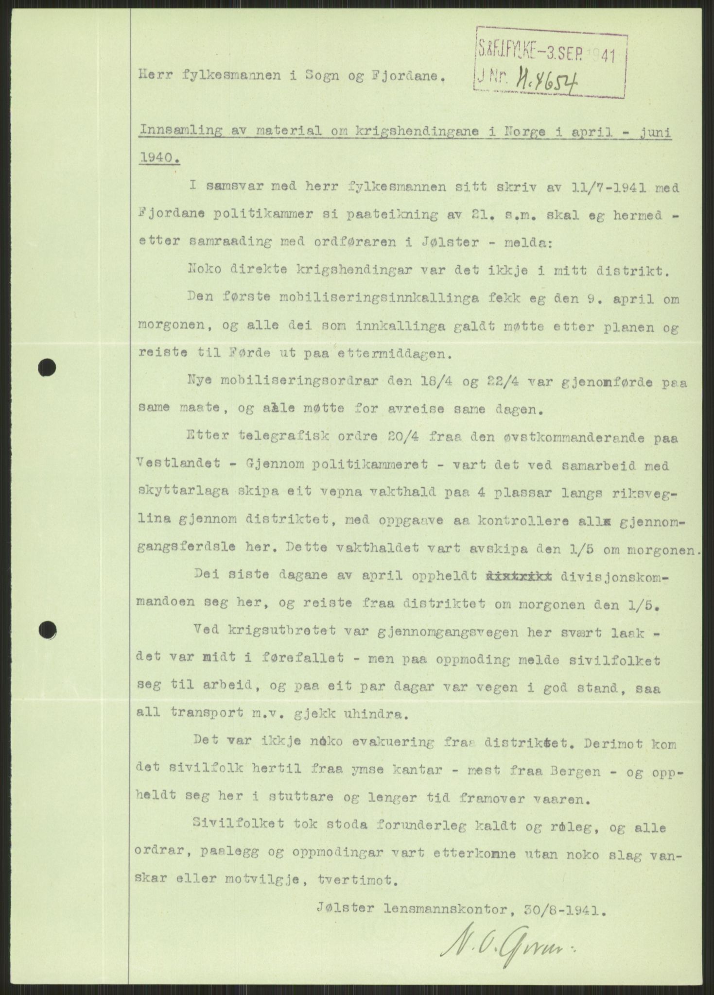 Forsvaret, Forsvarets krigshistoriske avdeling, AV/RA-RAFA-2017/Y/Ya/L0015: II-C-11-31 - Fylkesmenn.  Rapporter om krigsbegivenhetene 1940., 1940, p. 537