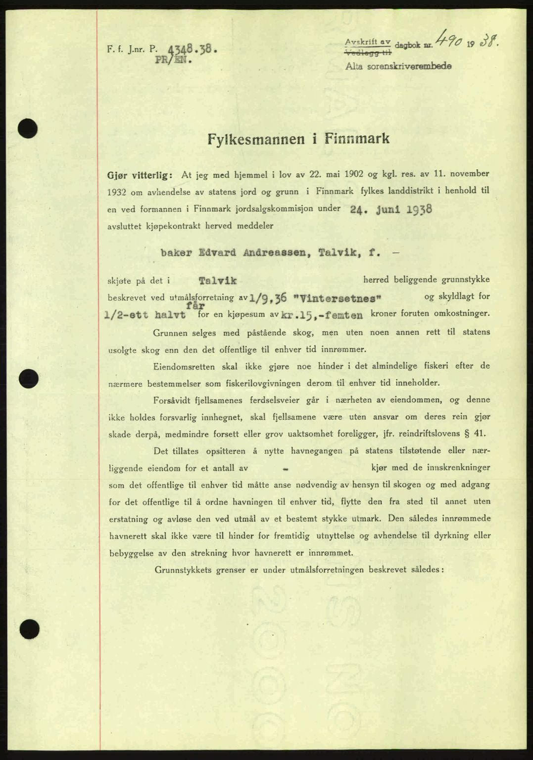 Alta fogderi/sorenskriveri, SATØ/SATØ-5/1/K/Kd/L0031pantebok: Mortgage book no. 31, 1938-1939, Diary no: : 490/1938