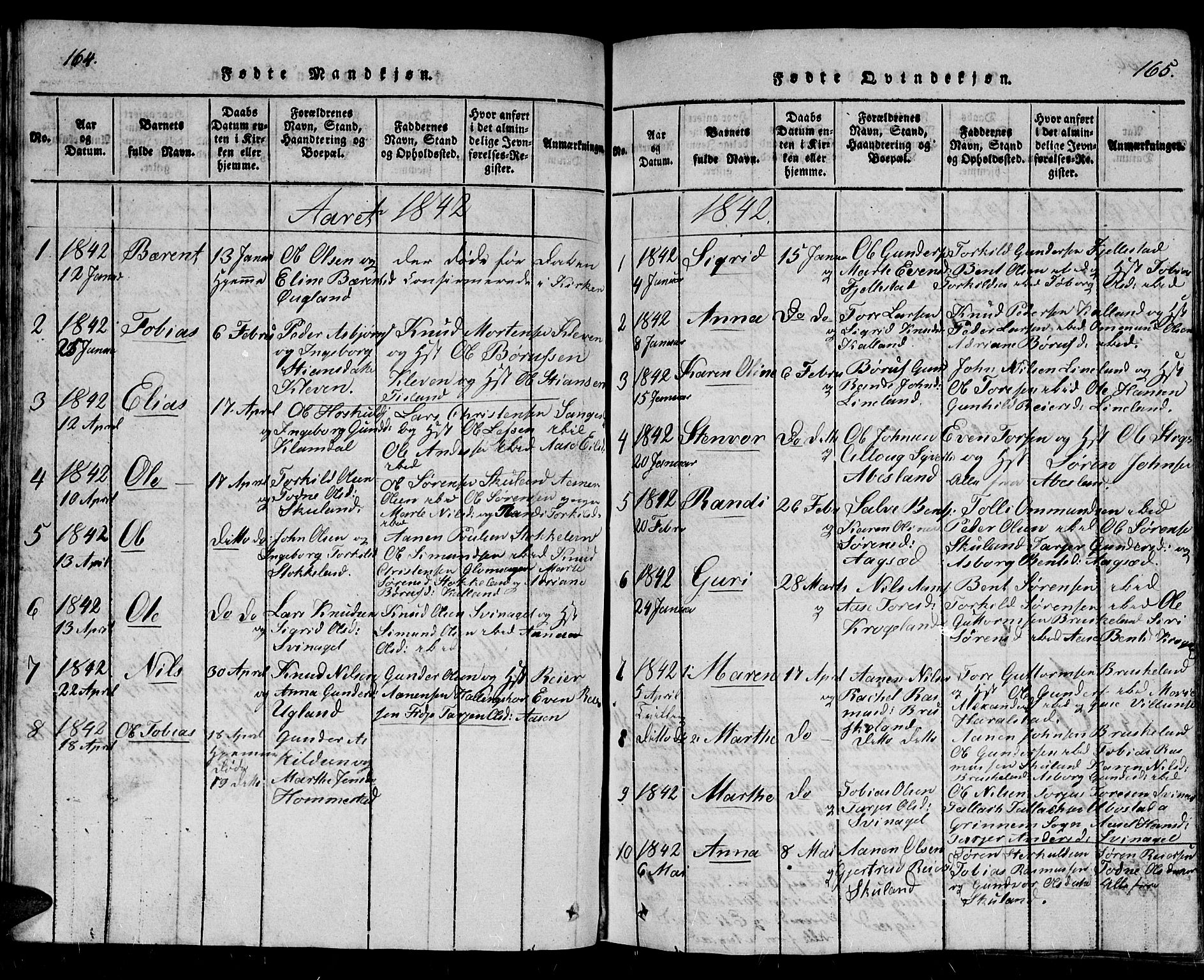 Holum sokneprestkontor, SAK/1111-0022/F/Fb/Fbb/L0001: Parish register (copy) no. B 1, 1820-1847, p. 164-165
