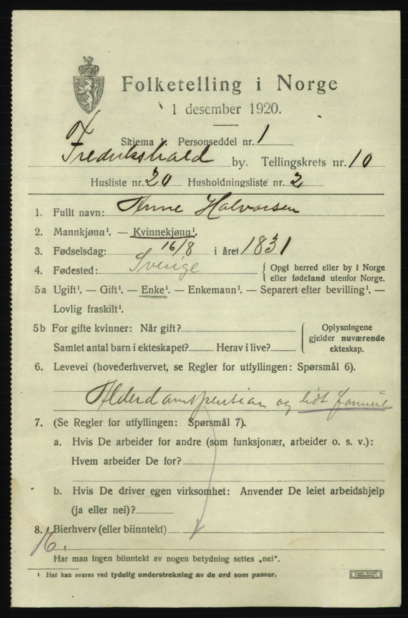 SAO, 1920 census for Fredrikshald, 1920, p. 17961
