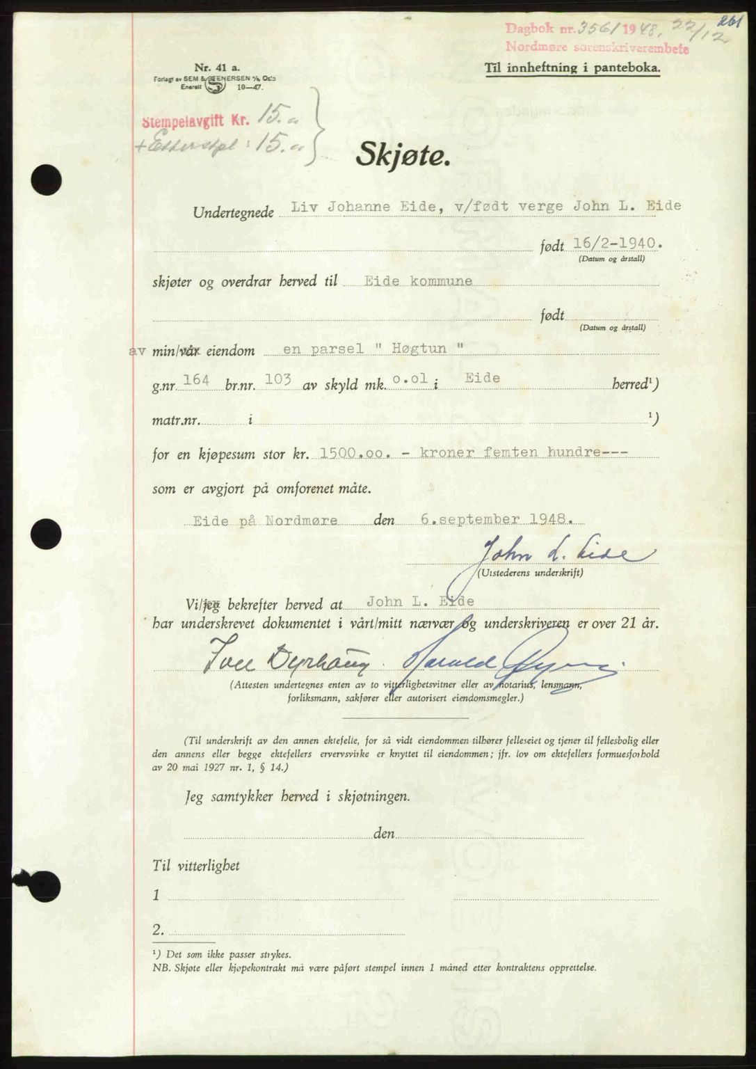 Nordmøre sorenskriveri, AV/SAT-A-4132/1/2/2Ca: Mortgage book no. A110, 1948-1949, Diary no: : 3561/1948