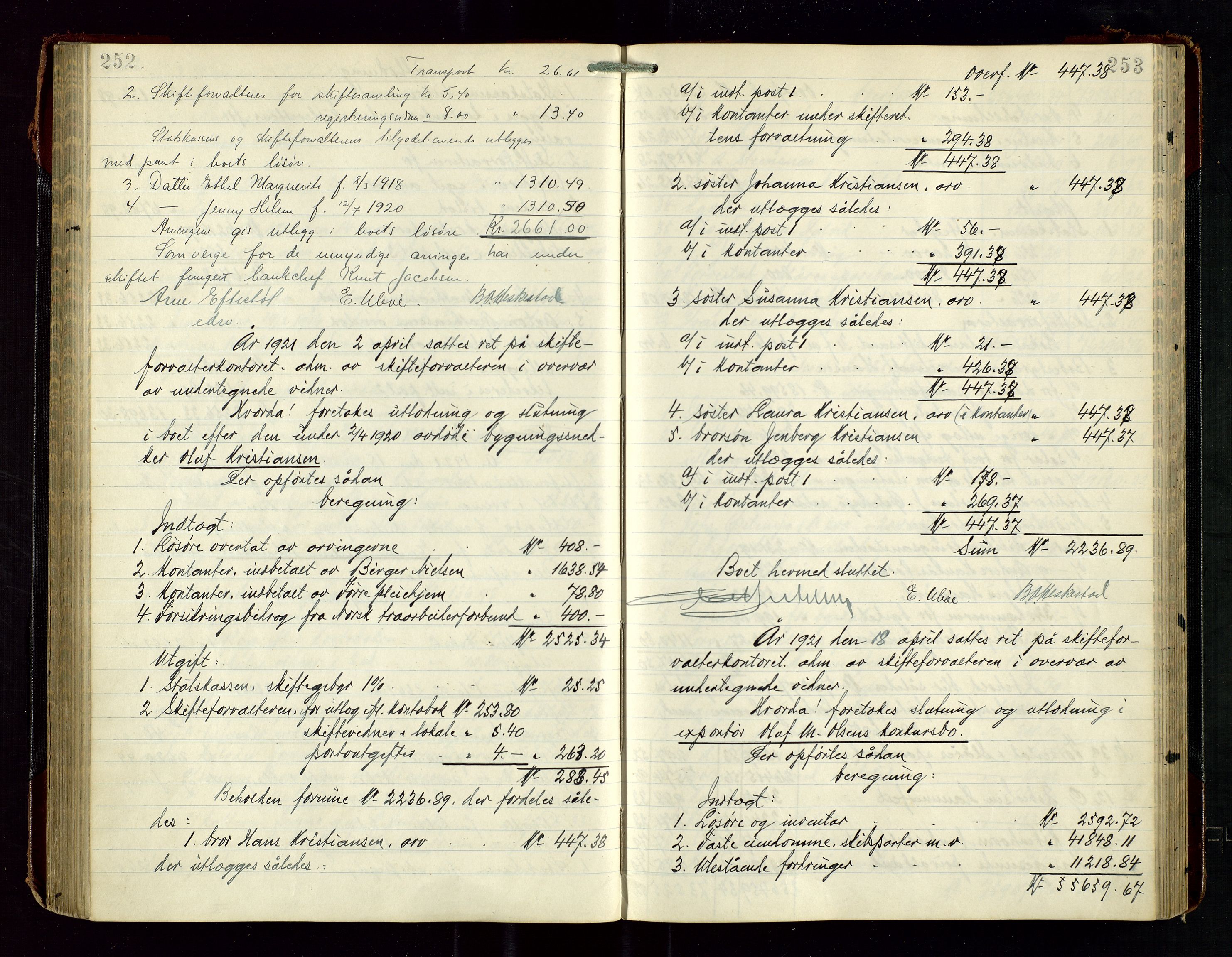 Haugesund tingrett, SAST/A-101415/01/IV/IVD/L0003: Skifteutlodningsprotokoll, med register, 1915-1924, p. 252-253