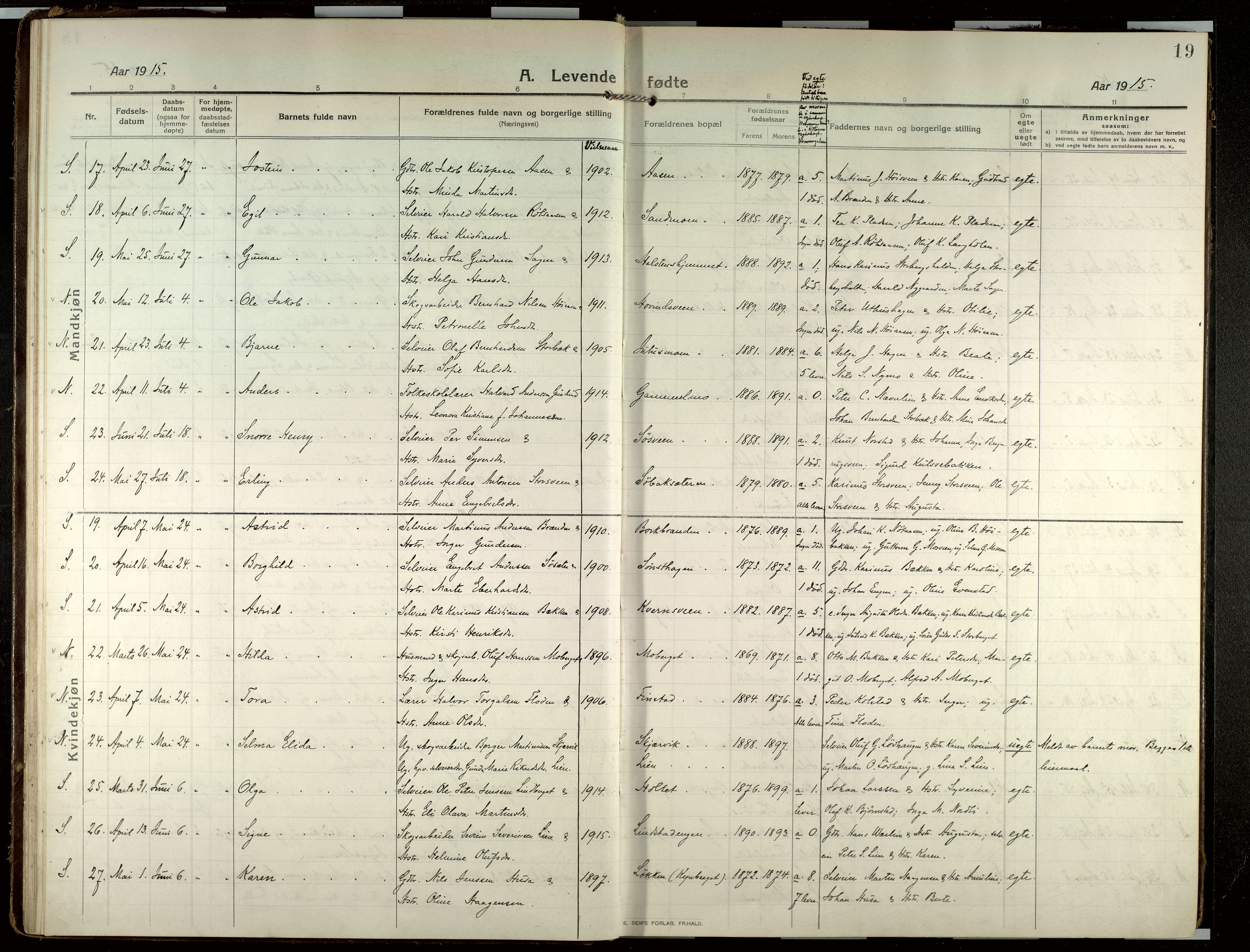 Elverum prestekontor, AV/SAH-PREST-044/H/Ha/Haa/L0022: Parish register (official) no. 22, 1913-1924, p. 19