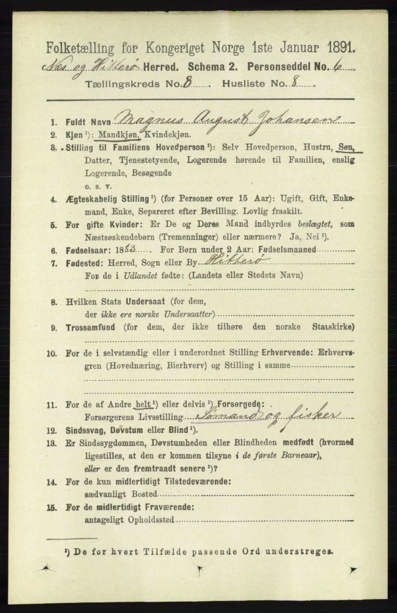 RA, 1891 census for 1043 Hidra og Nes, 1891, p. 3371