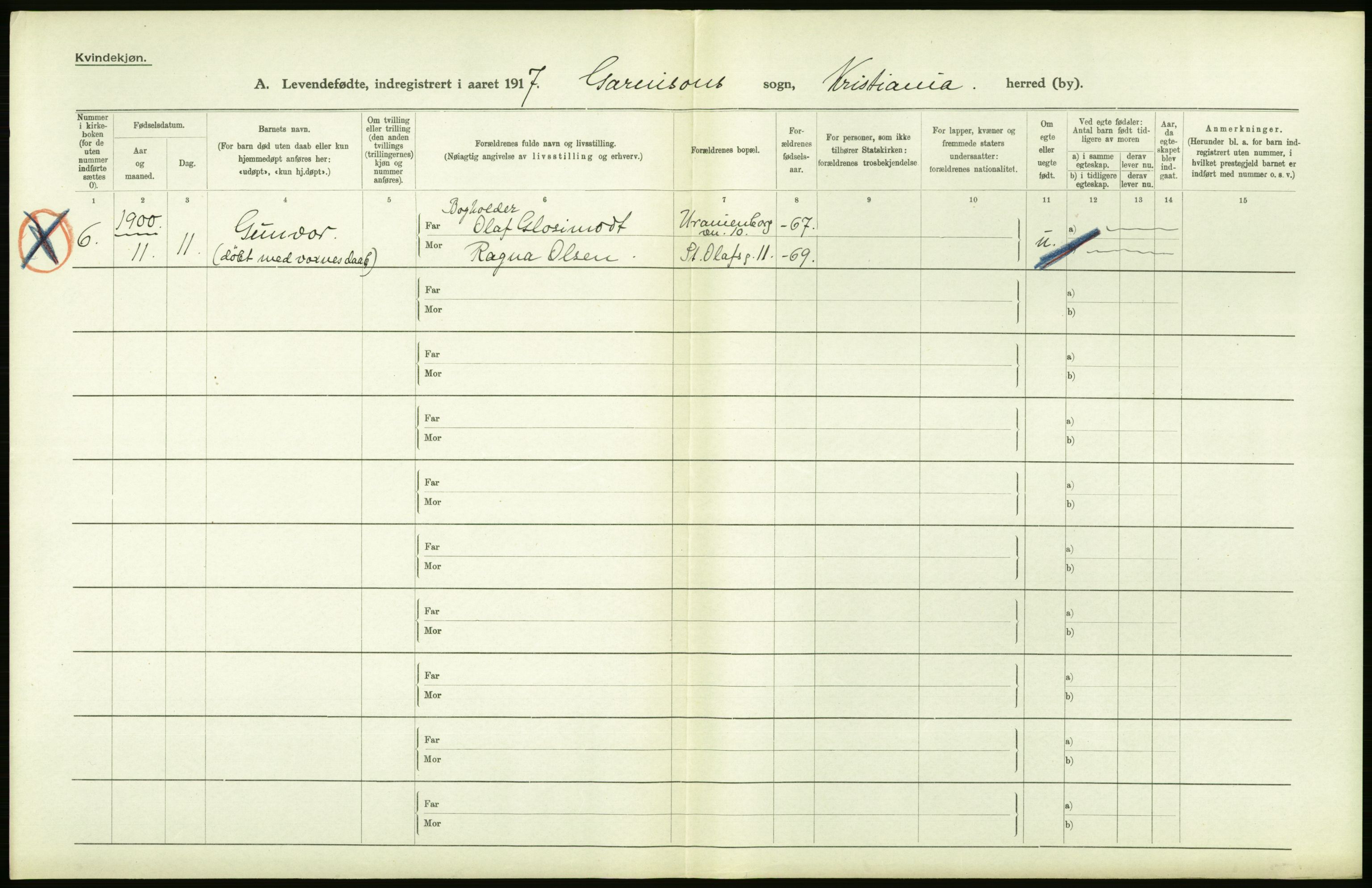 Statistisk sentralbyrå, Sosiodemografiske emner, Befolkning, AV/RA-S-2228/D/Df/Dfb/Dfbg/L0007: Kristiania: Levendefødte menn og kvinner., 1917, p. 70