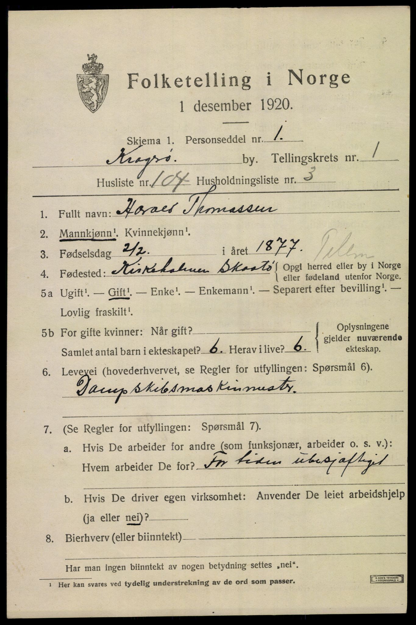 SAKO, 1920 census for Kragerø, 1920, p. 5311