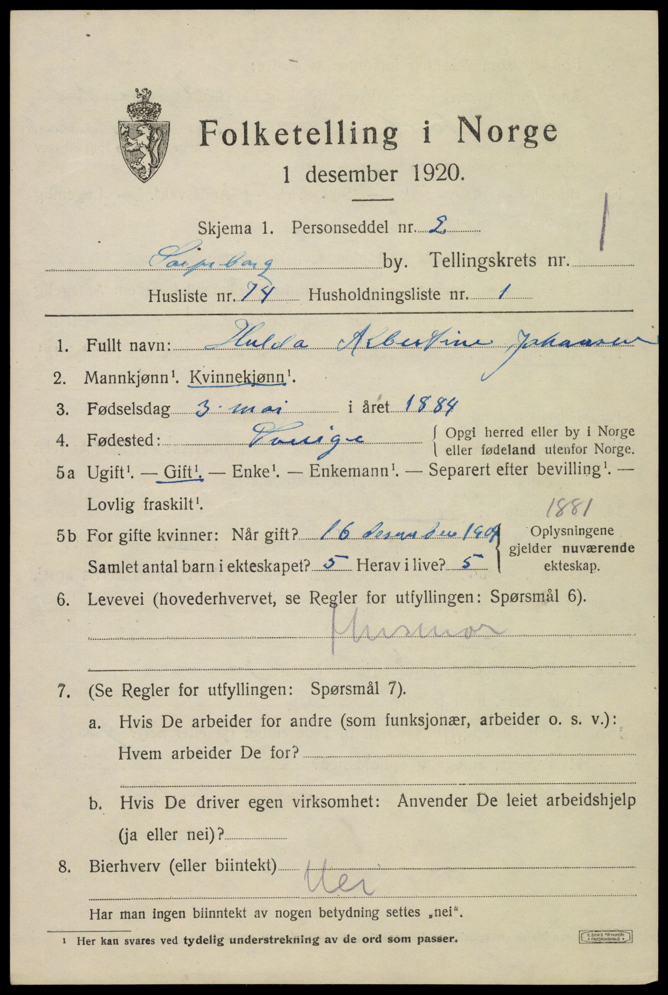 SAO, 1920 census for Sarpsborg, 1920, p. 8694