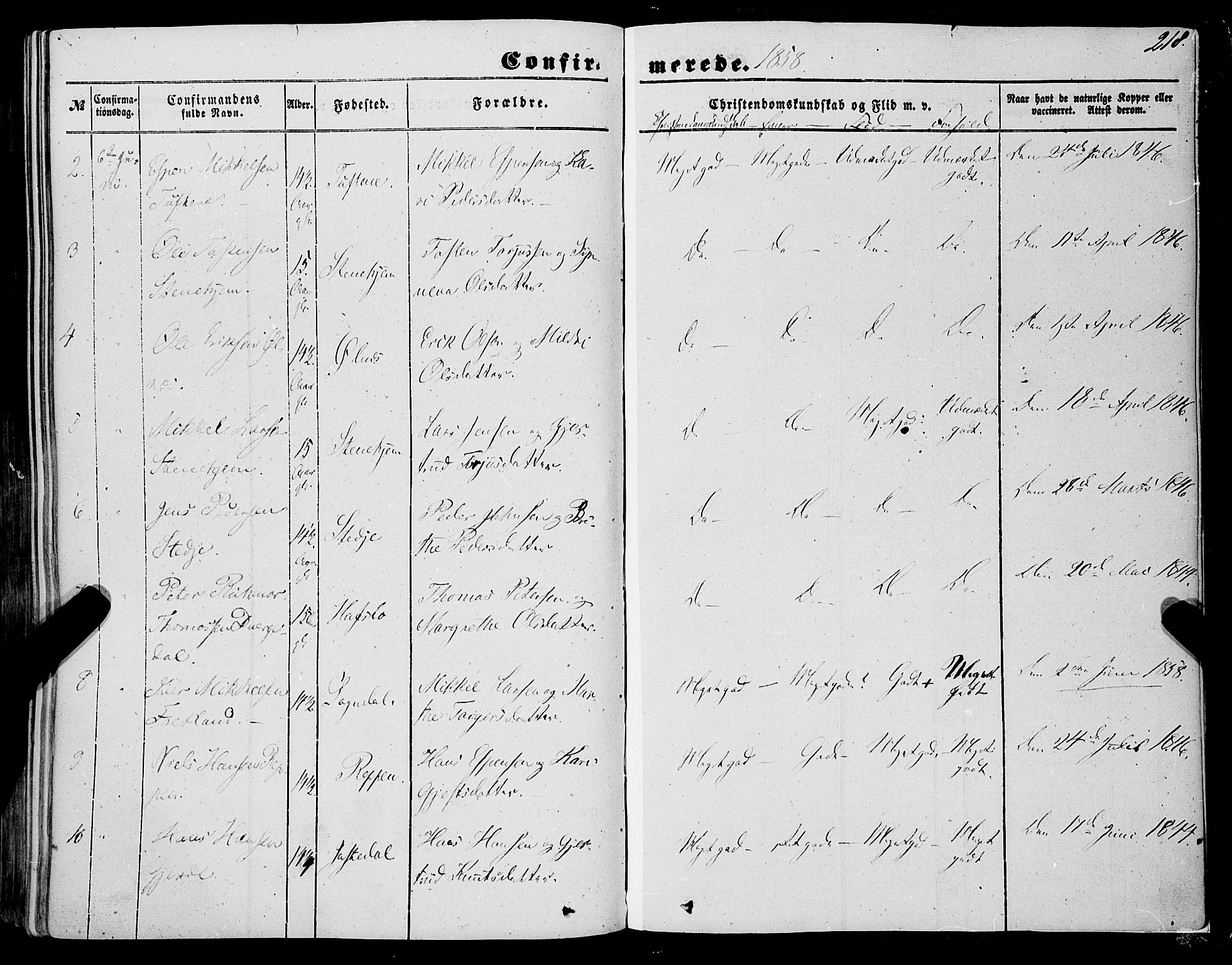 Sogndal sokneprestembete, AV/SAB-A-81301/H/Haa/Haaa/L0012I: Parish register (official) no. A 12I, 1847-1859, p. 218