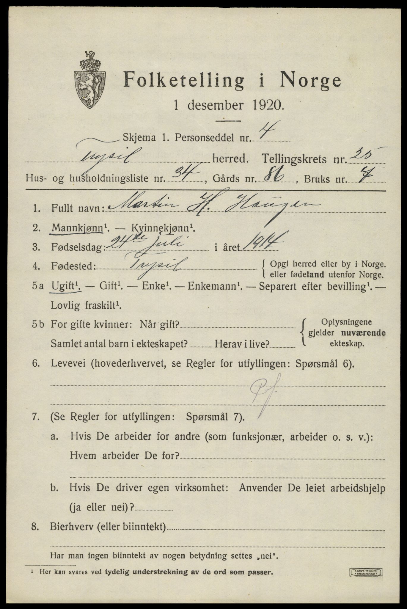 SAH, 1920 census for Trysil, 1920, p. 16099