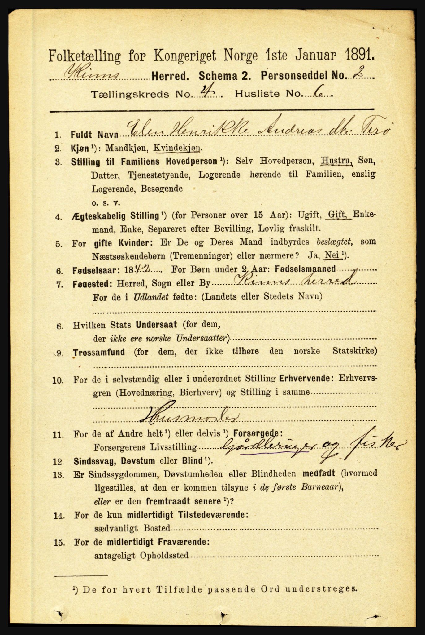 RA, 1891 census for 1437 Kinn, 1891, p. 1358