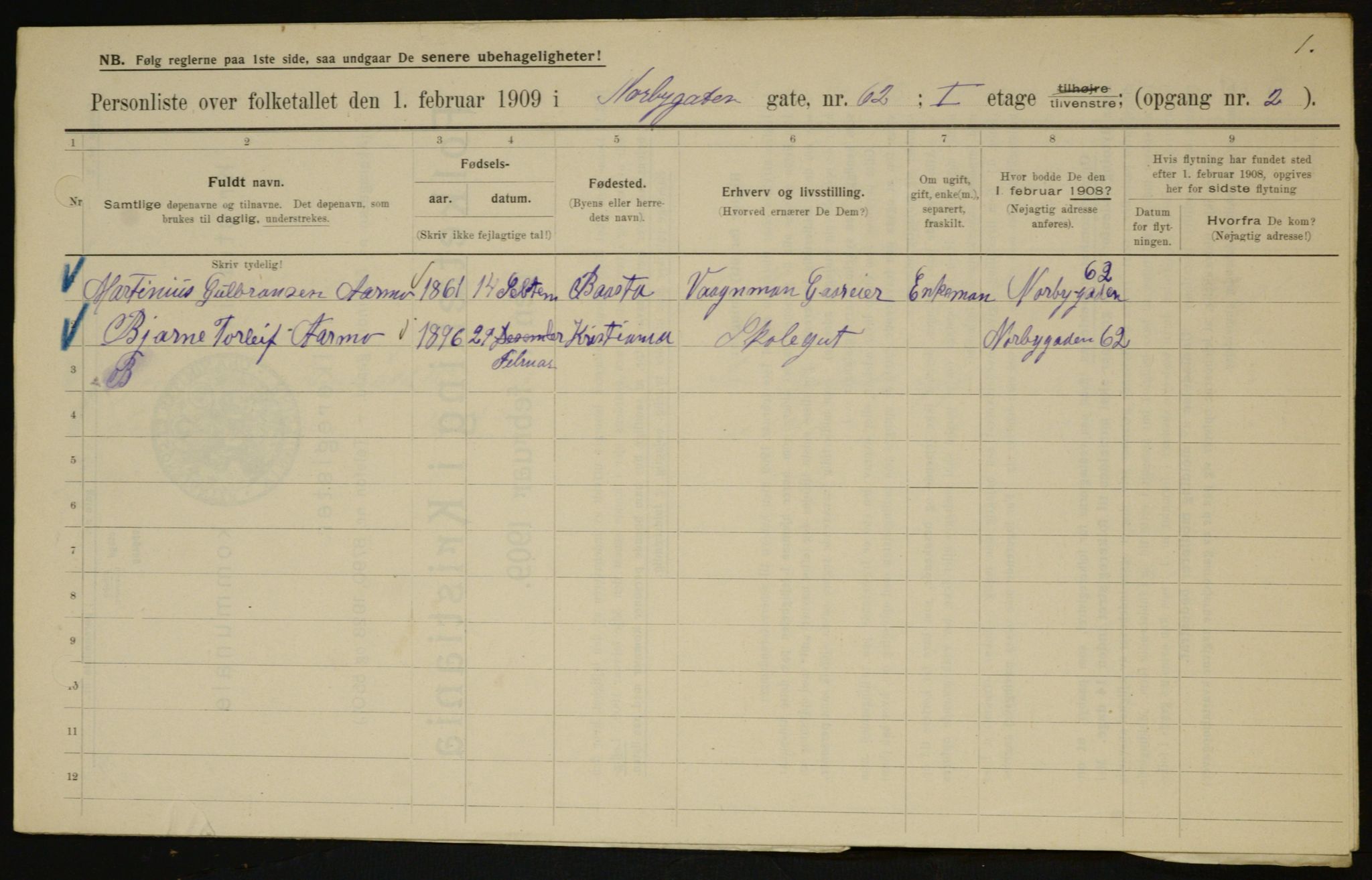 OBA, Municipal Census 1909 for Kristiania, 1909, p. 65317