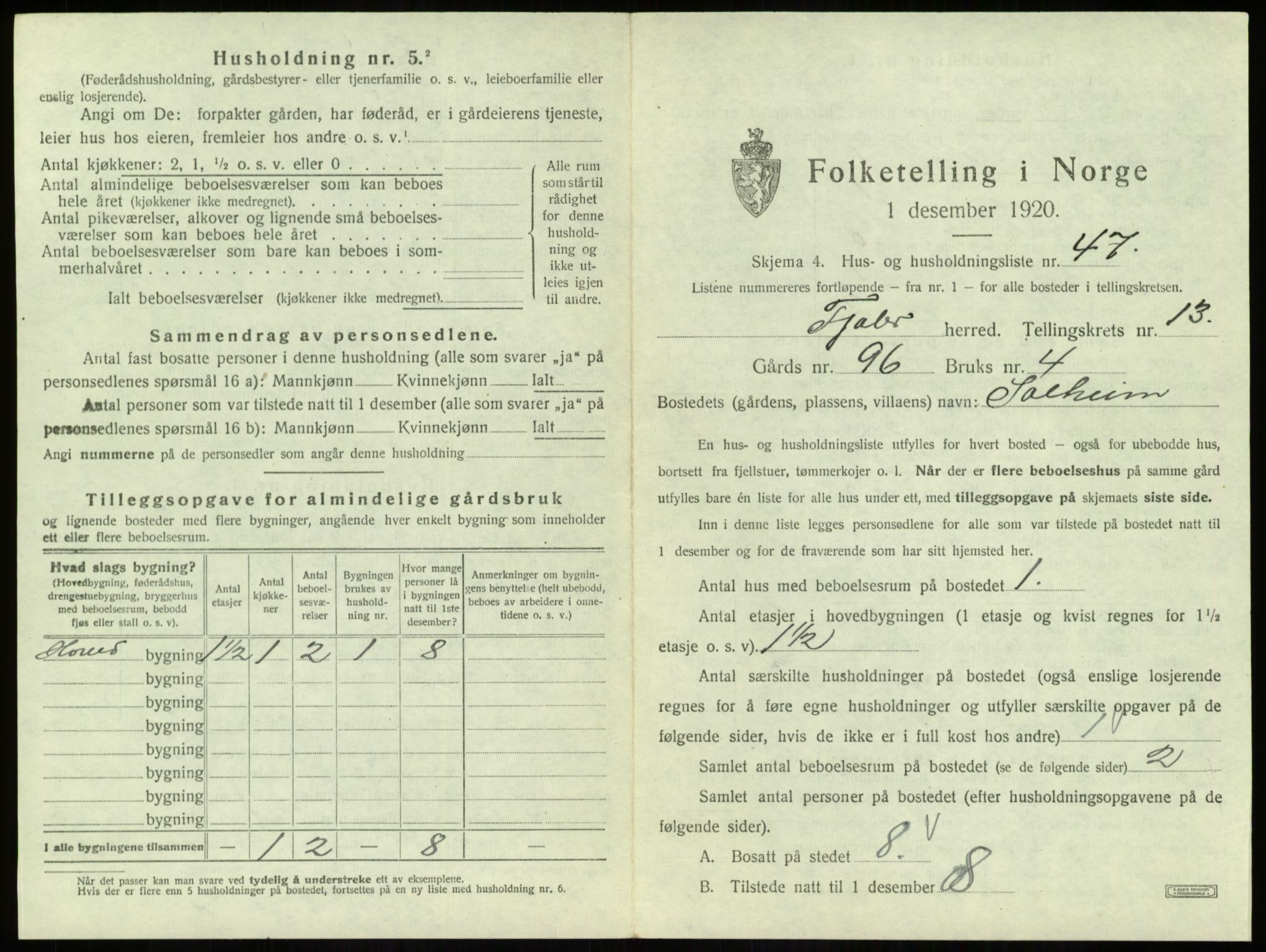 SAB, 1920 census for Fjaler, 1920, p. 1152