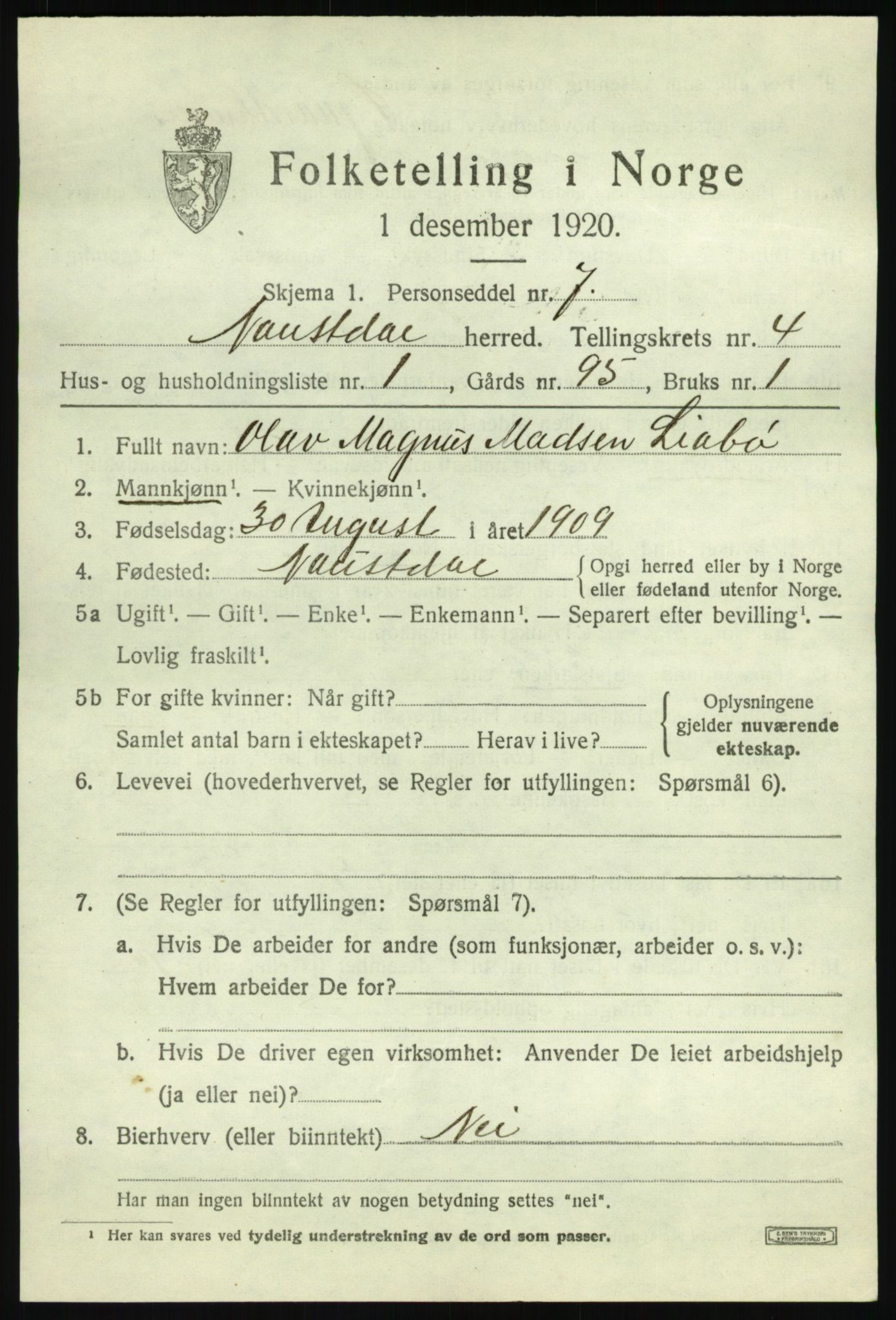 SAB, 1920 census for Naustdal, 1920, p. 2363