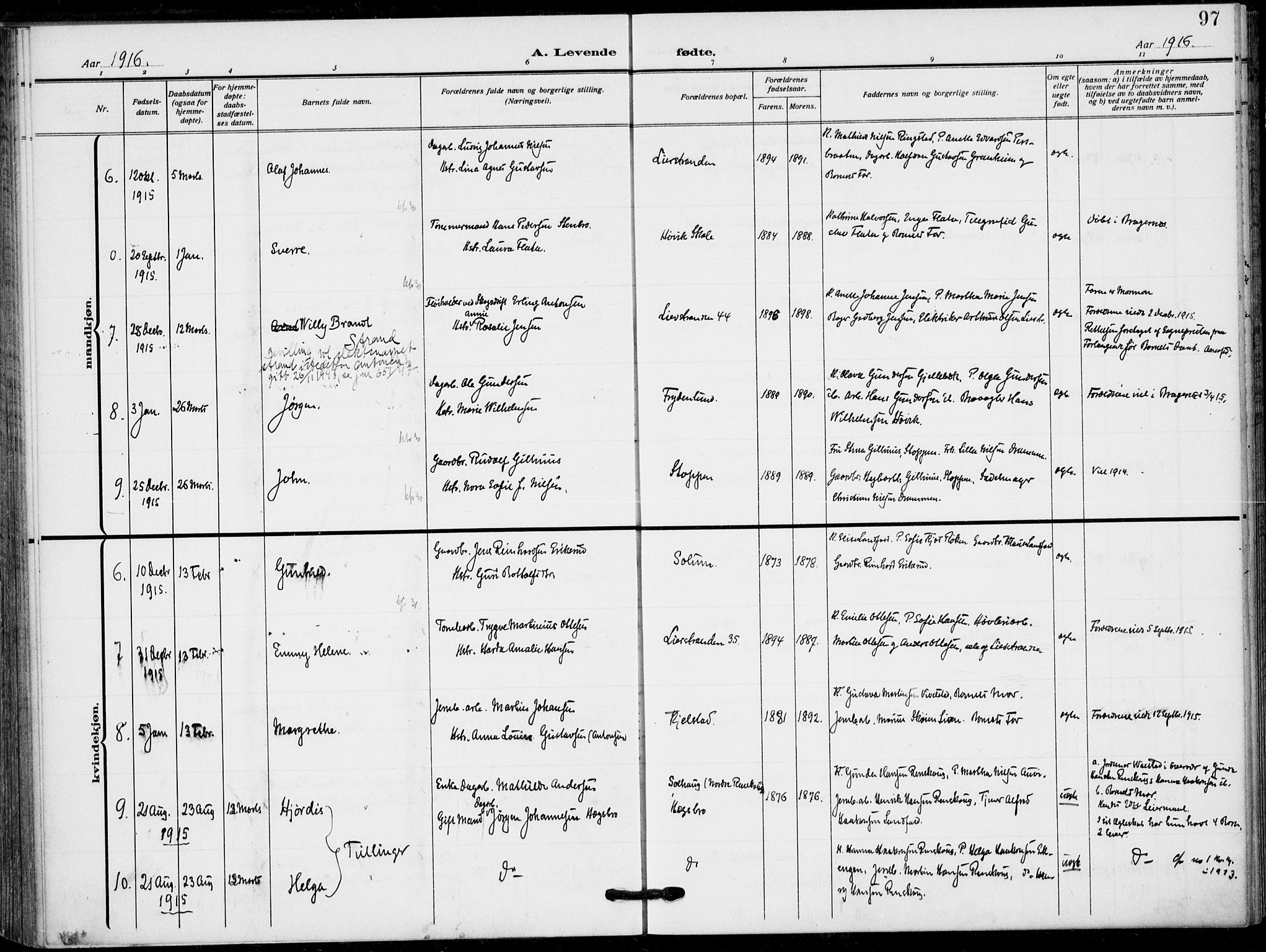 Lier kirkebøker, AV/SAKO-A-230/F/Fa/L0018: Parish register (official) no. I 18, 1909-1917, p. 97