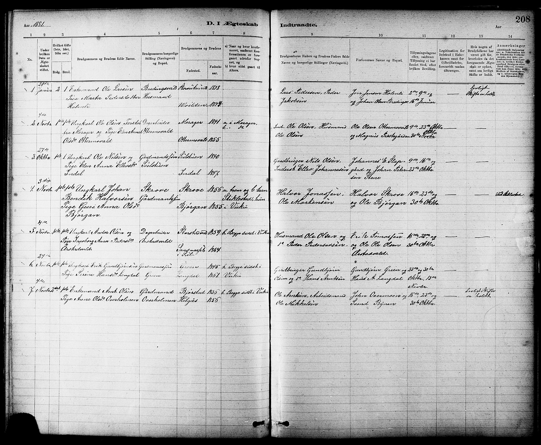 Ministerialprotokoller, klokkerbøker og fødselsregistre - Nord-Trøndelag, SAT/A-1458/724/L0267: Parish register (copy) no. 724C03, 1879-1898, p. 208