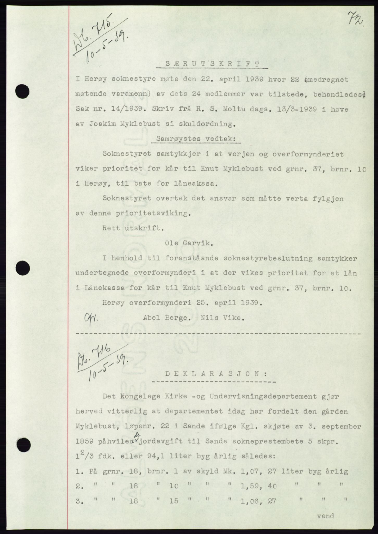 Søre Sunnmøre sorenskriveri, AV/SAT-A-4122/1/2/2C/L0068: Mortgage book no. 62, 1939-1939, Diary no: : 715/1939