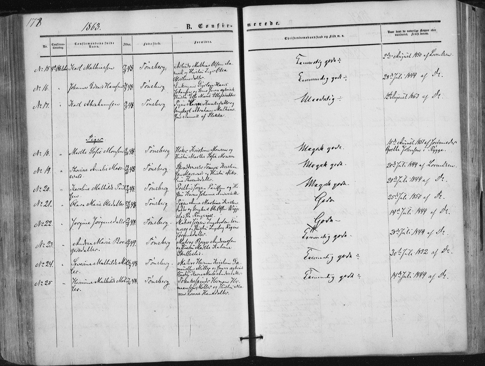 Tønsberg kirkebøker, AV/SAKO-A-330/F/Fa/L0008: Parish register (official) no. I 8, 1855-1864, p. 178