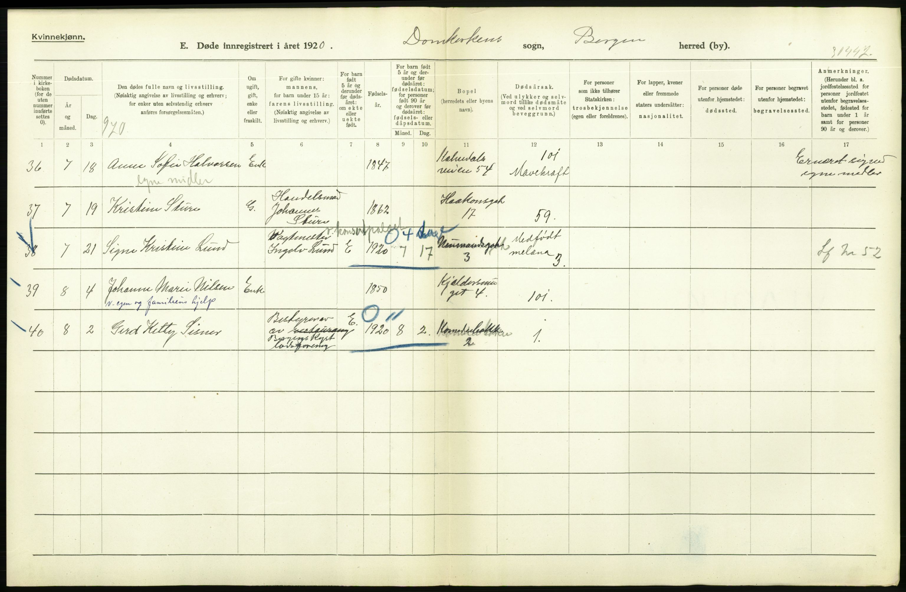 Statistisk sentralbyrå, Sosiodemografiske emner, Befolkning, AV/RA-S-2228/D/Df/Dfb/Dfbj/L0042: Bergen: Gifte, døde, dødfødte., 1920, p. 674